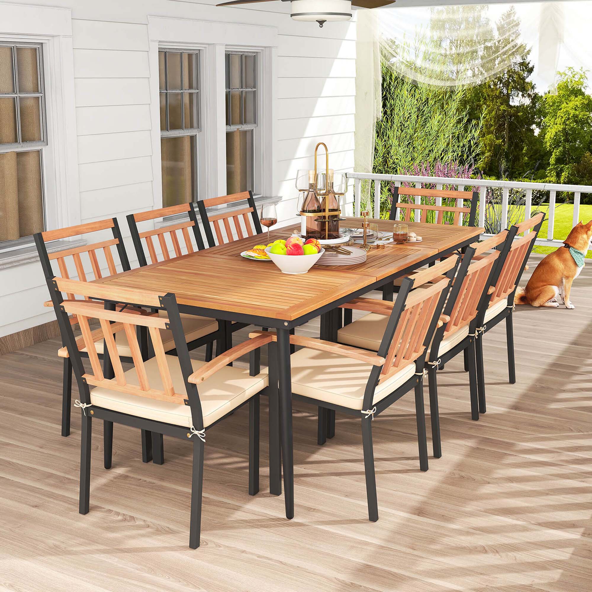 Alt View 2. Costway - 9 PCS Patio Dining Set 79" Rectangle Dining Tables with 8 Wooden Armchairs - Natural & Black.