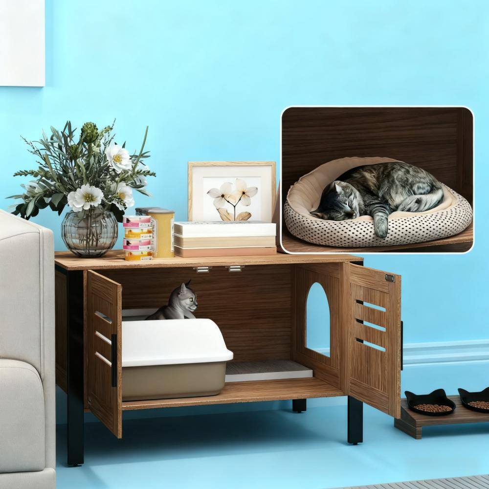 Back. APRILSOUL - 31.5 in L x 17.7 in W x 19.7 in H Cat Litter Box Enclosure with Tall Legs - Black and Brown.