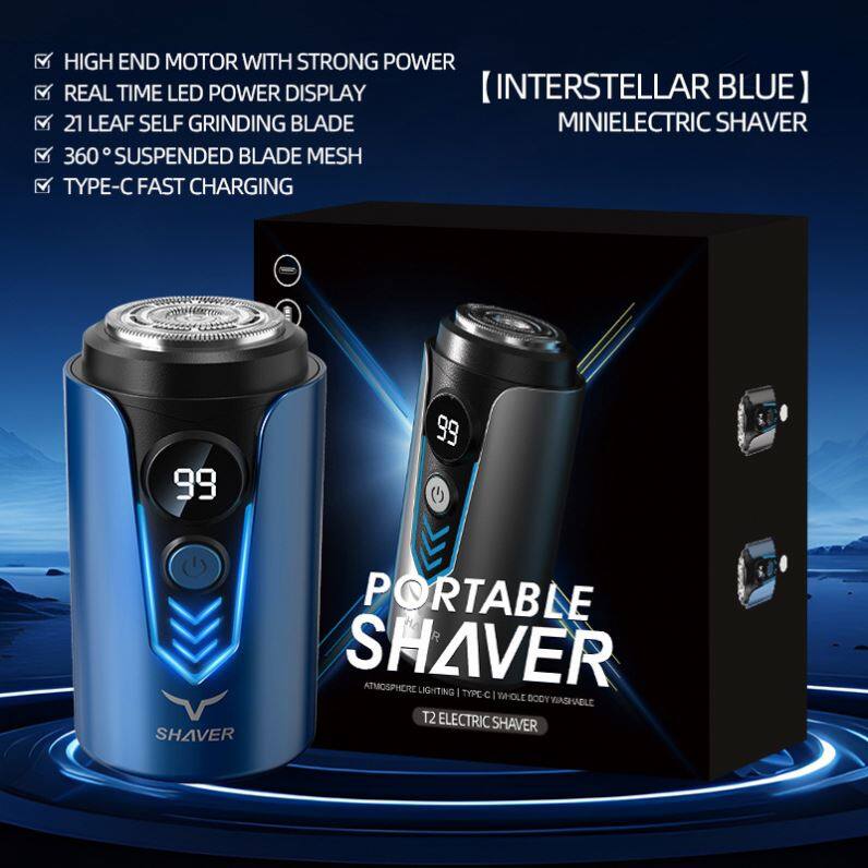 HIGH END MOTOR WITH STRONG POWER  
REAL TIME LED POWER DISPLAY  
21 LEAF SELF GRINDING BLADE  
360° SUSPENDED BLADE MESH  
TYPE-C FAST CHARGING  

PORTABLE SHAVER  
ATMOSPHERE LIGHTING | TYPE-C | WHOLE BODY WASHABLE  

INTERSTELLAR BLUE  
MINI ELECTRIC SHAVER