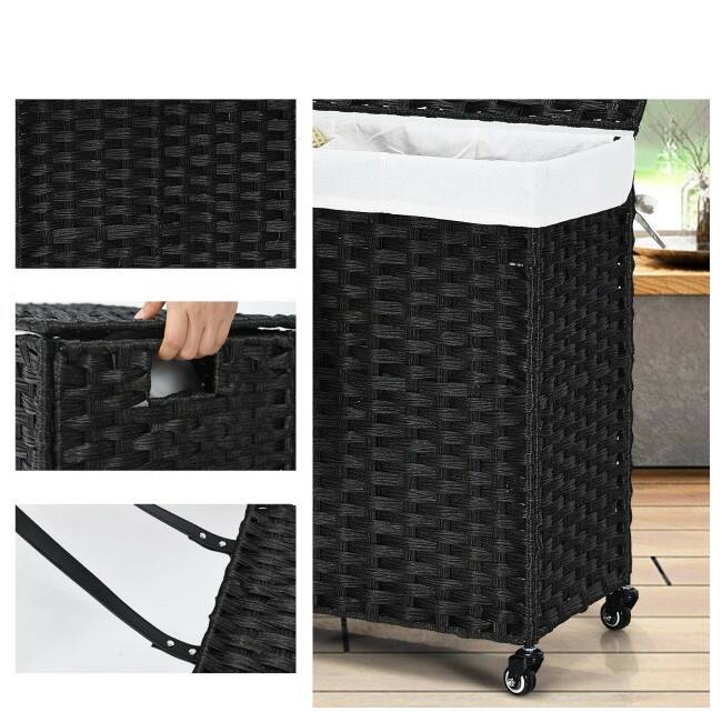 Angle. Hivvago - Black 3 Bin Linen Lined on Wheels PR Rattan Laundry Hamper - Black.