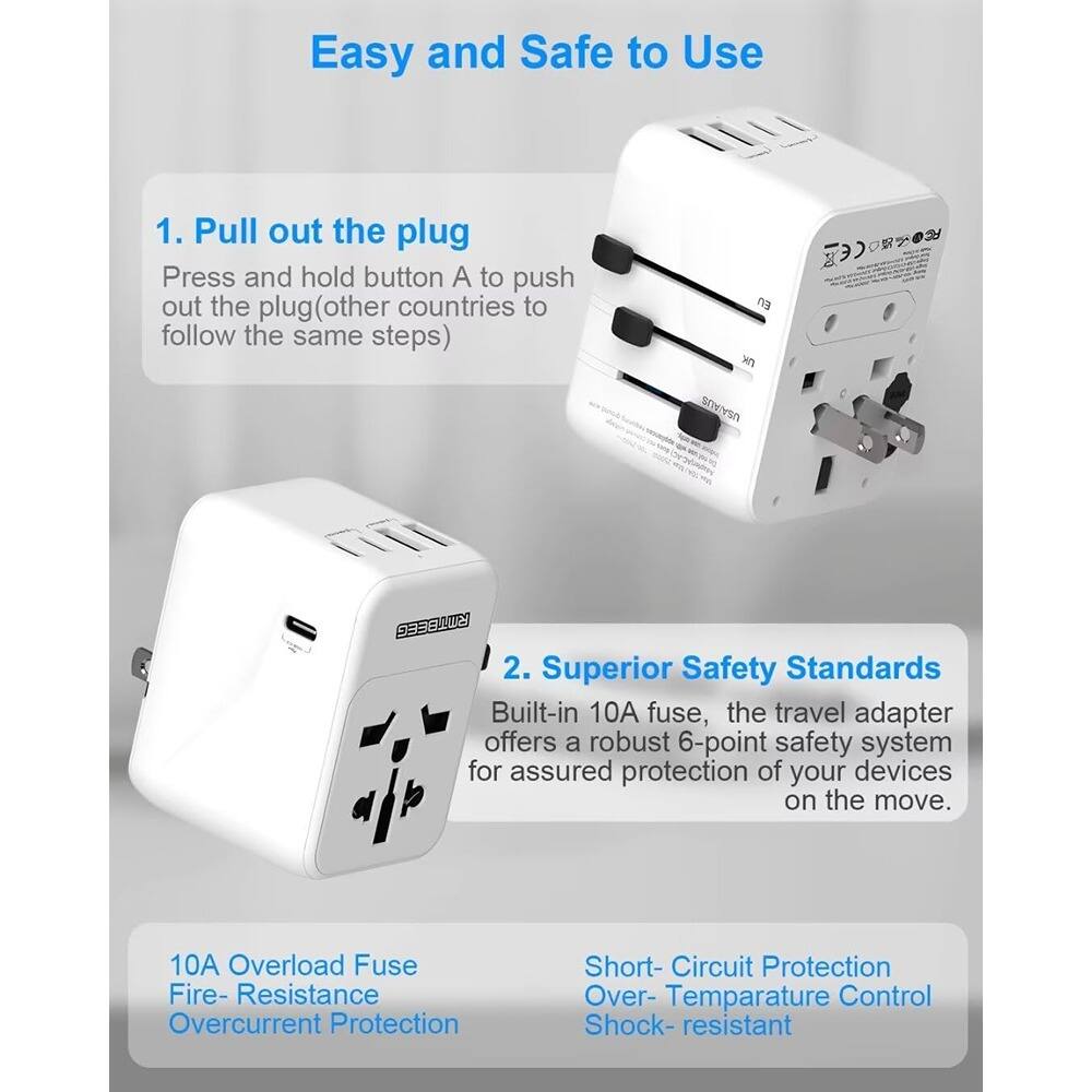 Easy and Safe to Use

1. Pull out the plug  
Press and hold button A to push out the plug (other countries to follow the same steps)

2. Superior Safety Standards  
Built-in 10A fuse, the travel adapter offers a robust 6-point safety system for assured protection of your devices on the move.

- 10A Overload Fuse  
- Fire-Resistance  
- Overcurrent Protection  
- Short-Circuit Protection  
- Over-Temperature Control  
- Shock-resistant