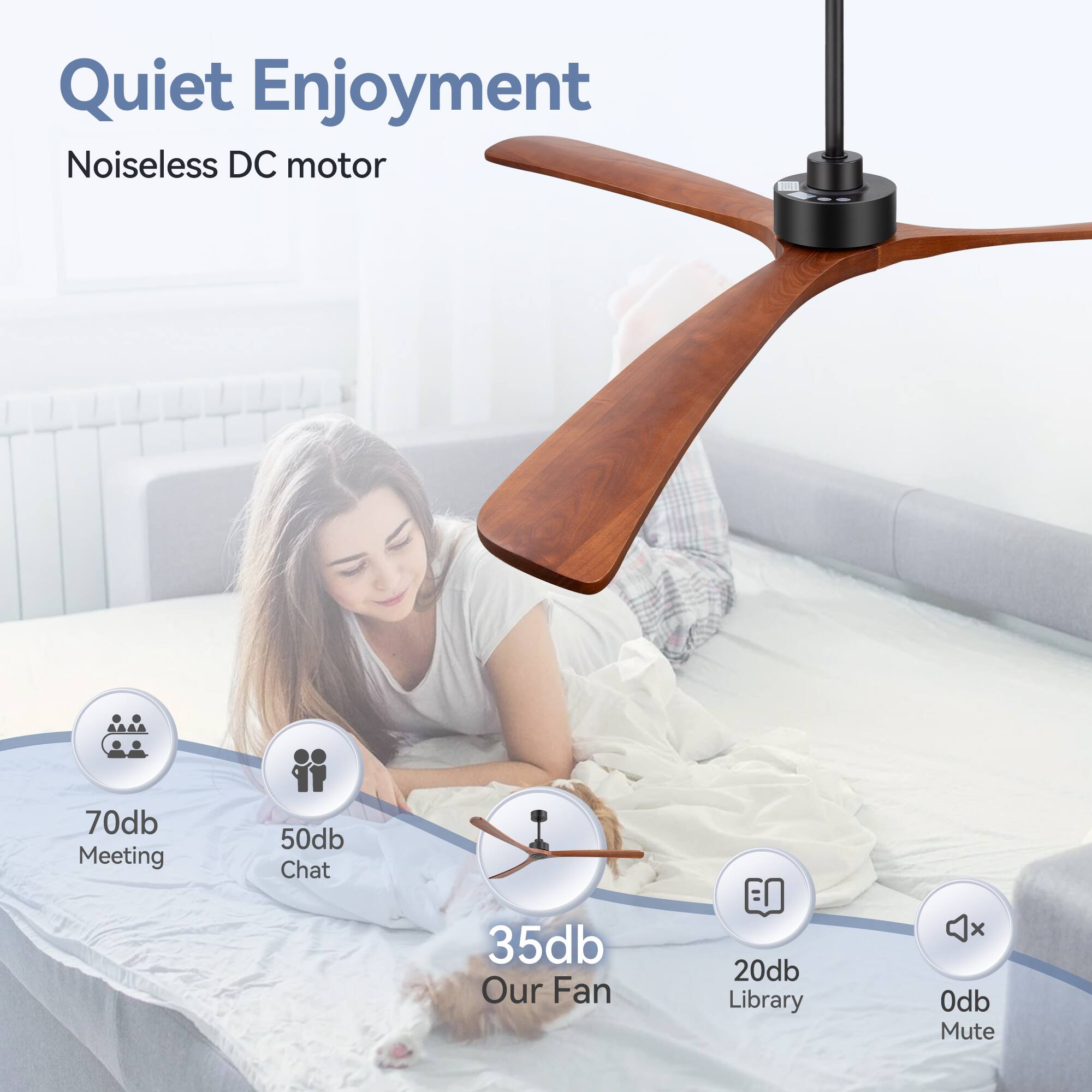 Quiet Enjoyment, Noiseless DC motor, 70db Meeting, 50db Chat, 35db Our Fan, 20db Library, 0db Mute