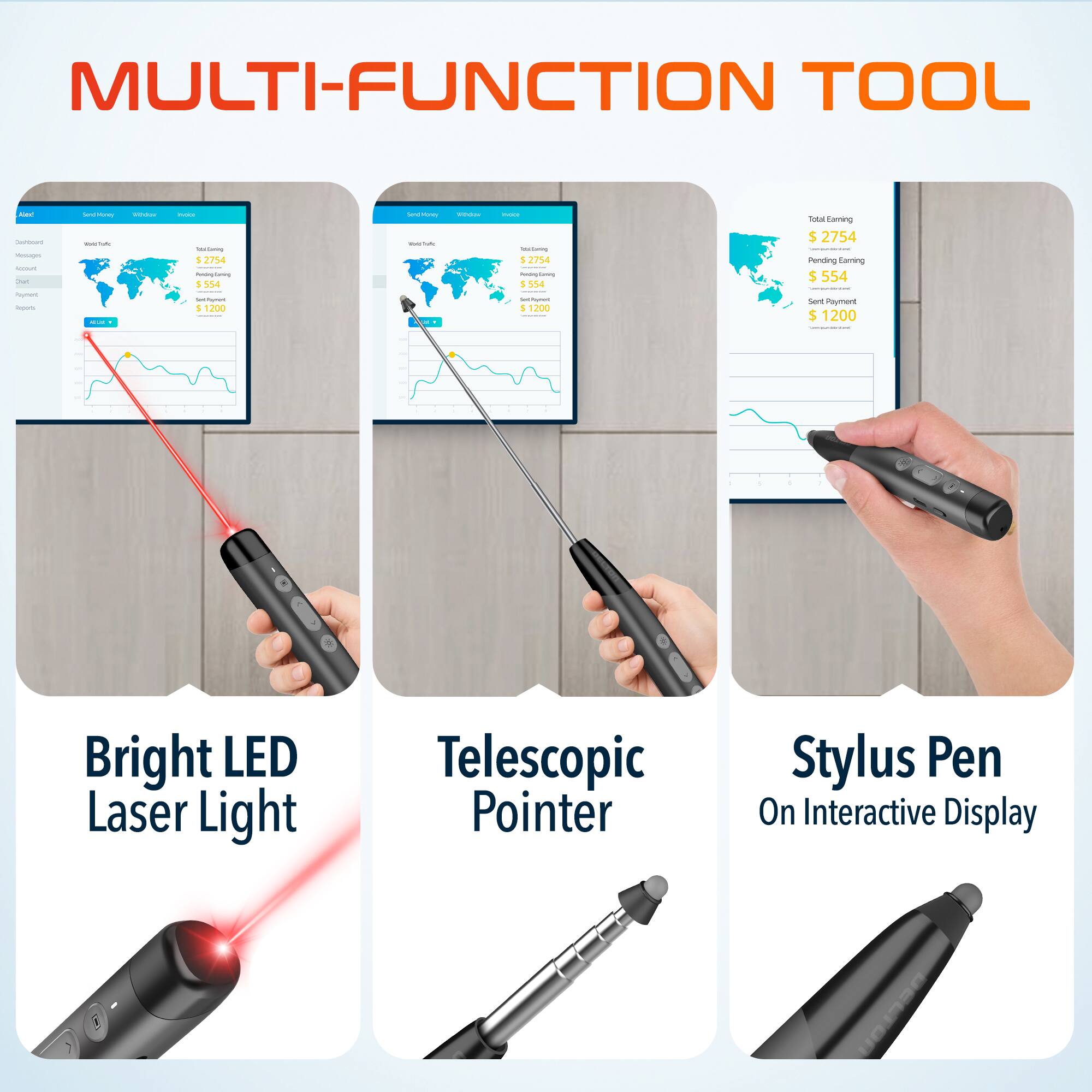 MULTI-FUNCTION TOOL - - - - - |  | - 2%  -ng 1 554  5 120 - - - - |  1 2IM  $554 1 - 1 1200 Stal Caning $ 2754 I Pending Cering $ 554 Sart Snymant $ 1200 - Bright LED Laser Light Telescopic Pointer Stylus Pen On Interactive Display