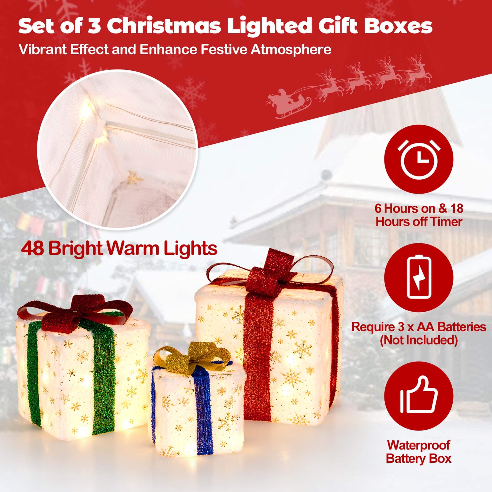 Costway Set of 3 Christmas Lighted Gift Boxes Prelit Present