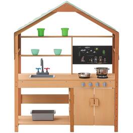 HONGGE - Kids Outdoor Mud Kitchen Playset with Canopy Sink Storage and Pretend Cooking Features - Natural