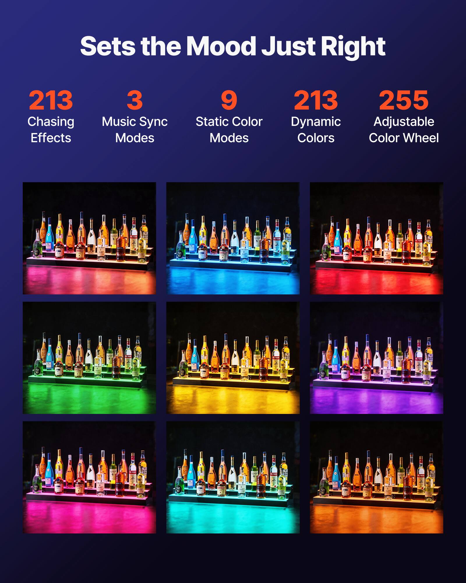 Sets the Mood Just Right

- 213 Chasing Effects
- 3 Music Sync Modes
- 9 Static Color Modes
- 213 Dynamic Colors
- 255 Adjustable Color Wheel
