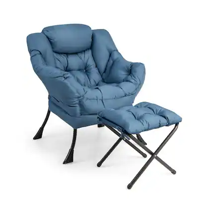Front. Pefilos - Modern Accent Sofa Chair with Folding Footrest and Side Pocket-Navy, Modern Mid-Century Upholstered Living Room Chair - Blue.