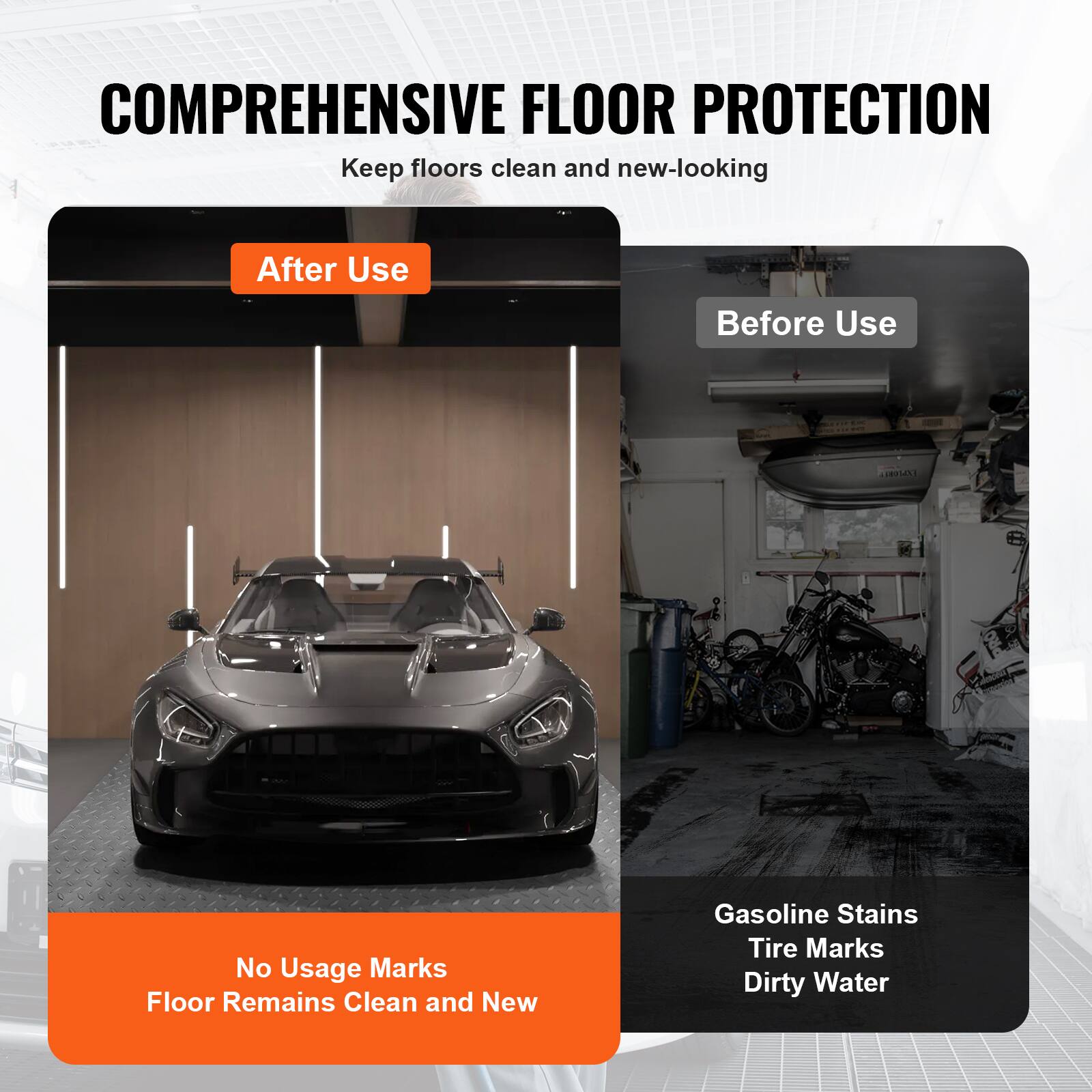 COMPREHENSIVE FLOOR PROTECTION  
Keep floors clean and new-looking

After Use  
No Usage Marks  
Floor Remains Clean and New

Before Use  
Gasoline Stains  
Tire Marks  
Dirty Water