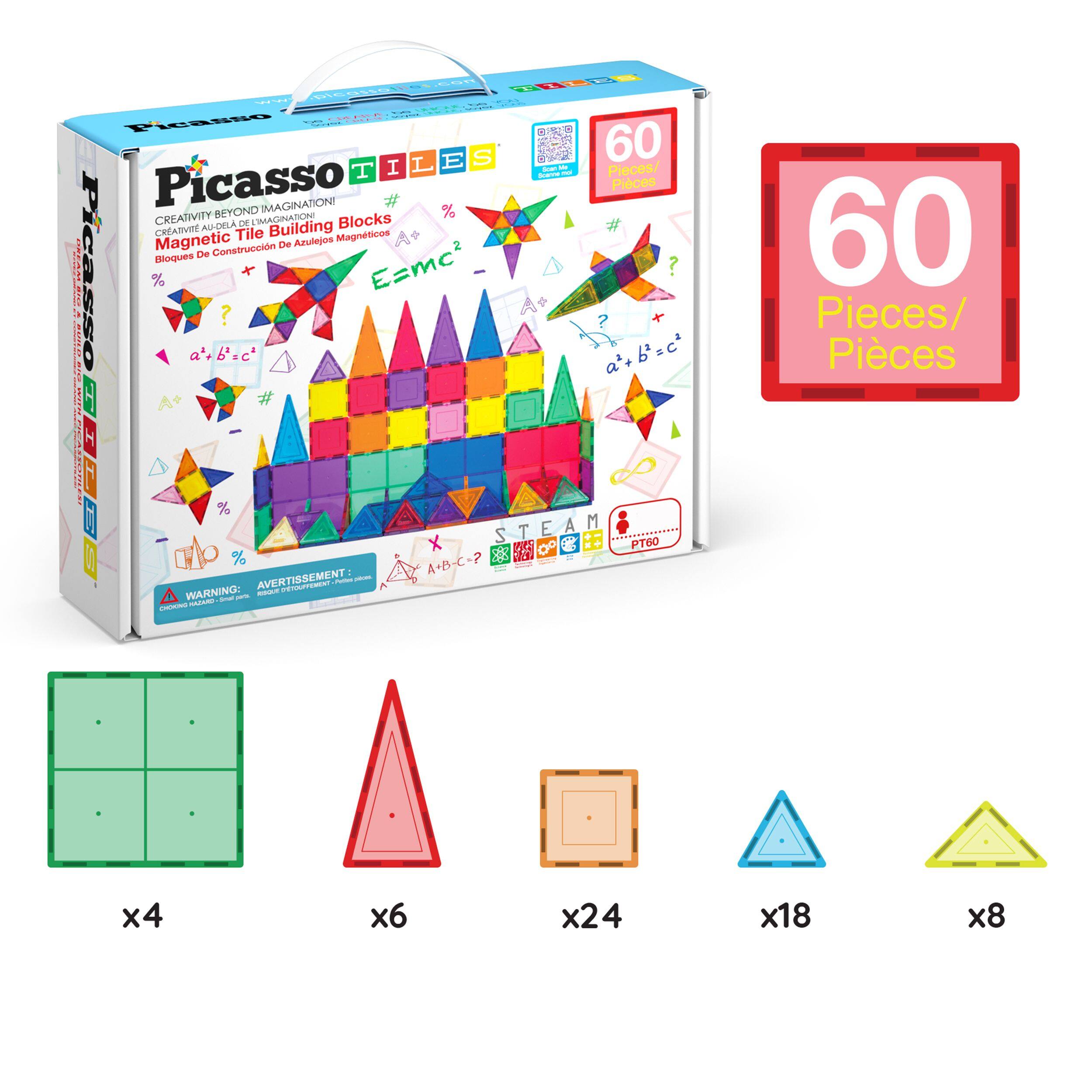 HEE Picasso Tiles 60 Pieces/ Pices IMAGINATION! CREATIVITY BEYOND IMAGINATION! Tile Building Blocks MAGNETICO Construcción De Azulejos De Bloques | STEAM E M 2 T x PT60 ! WARNING: 60 Pieces/ Pices x4 x6 x24 x18 x8