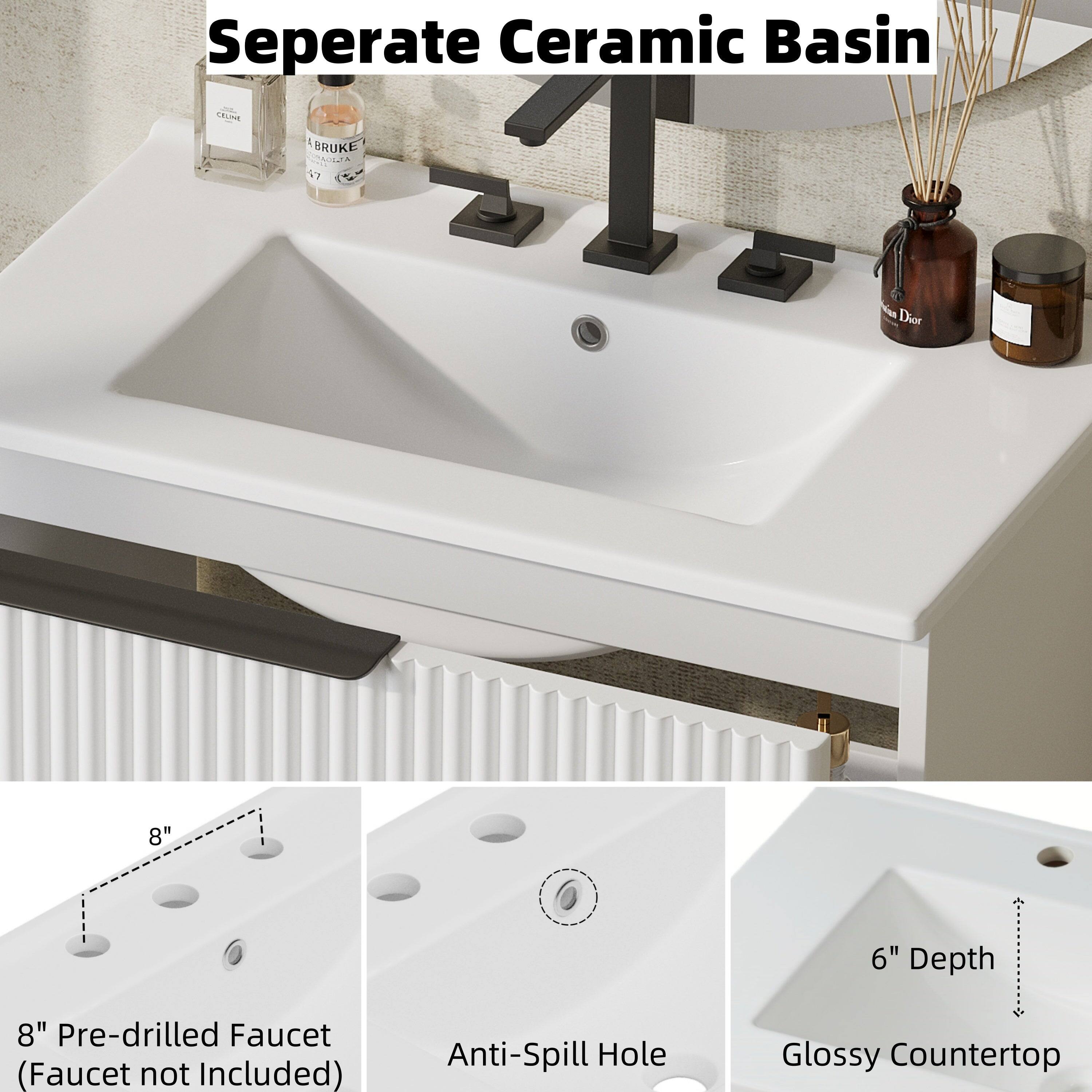 Seperate Ceramic Basin

CEUNE BRUKE OAA 17

Dior 8" 8" Pre-drilled Faucet (Faucet not Included)

Anti-Spill Hole

6" Depth

Glossy Countertop