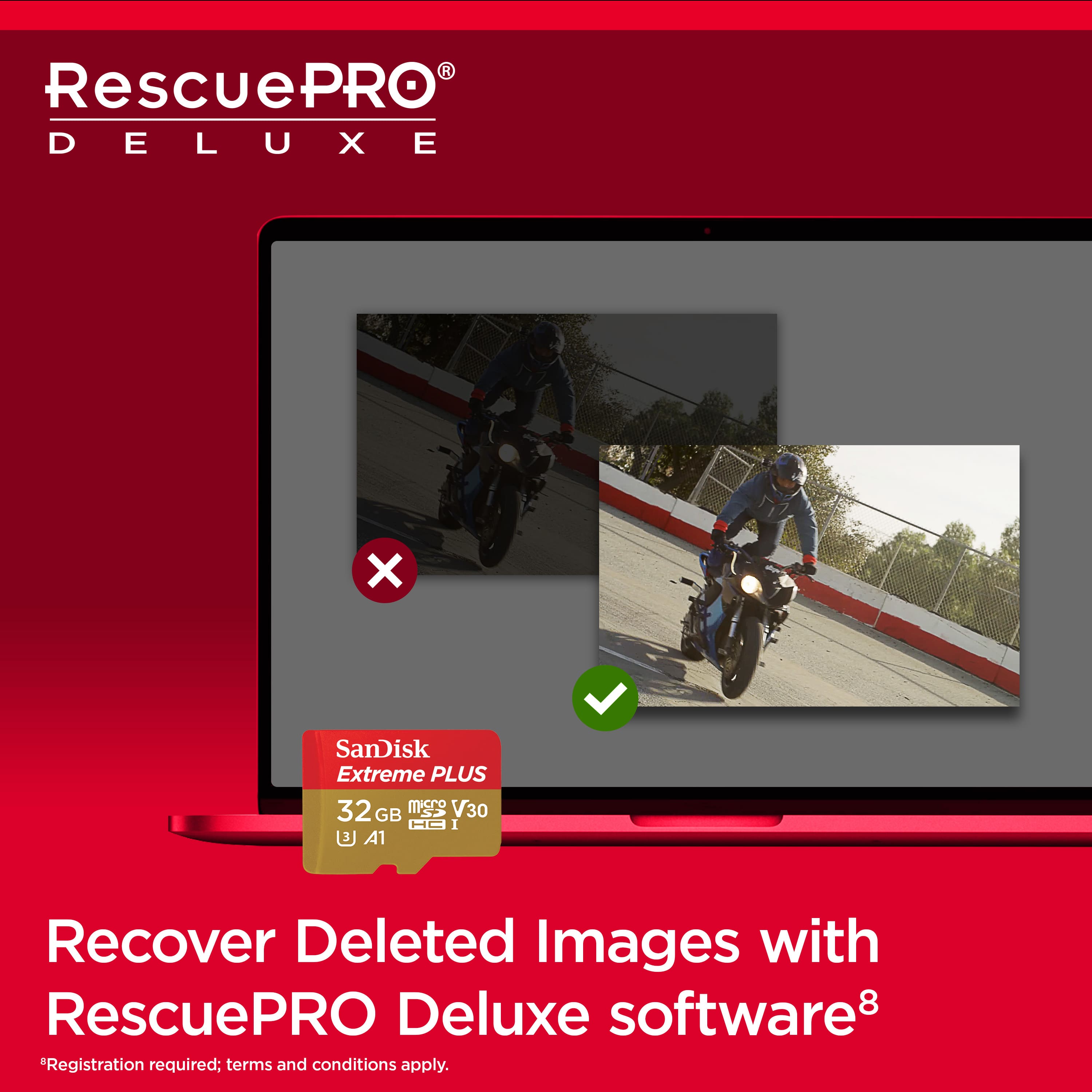 RescuePRO DELUXE X SanDisk Extreme PLUS 32 GB (V30) 1600 MHz SDHC Memory Card Recover Deleted Images with RescuePRO Deluxe software.