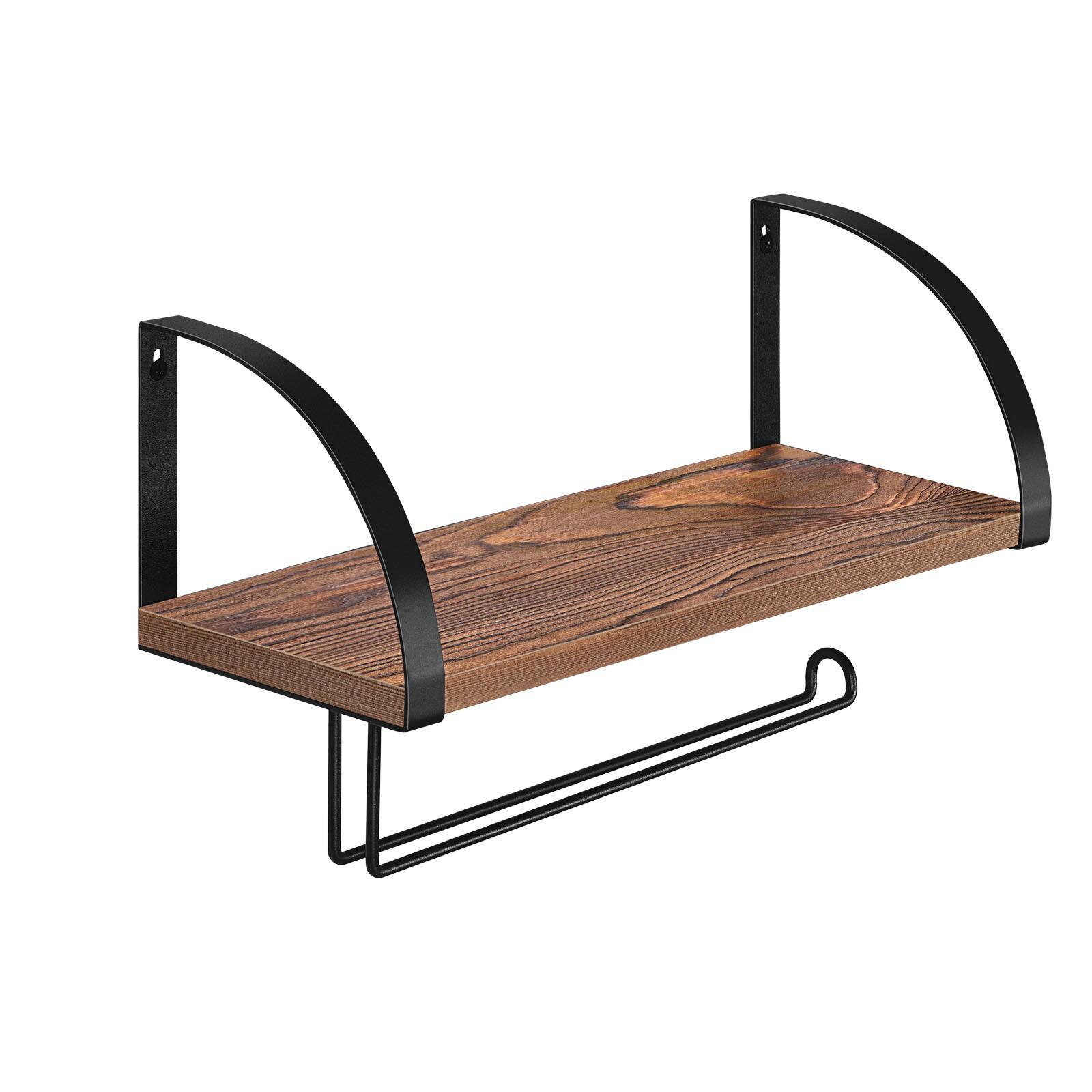 Oumilen - Wall Mounted Floating Shelf with Paper Towel Holder – Rustic Burnt Wood Storage Shelf with Roll Bar