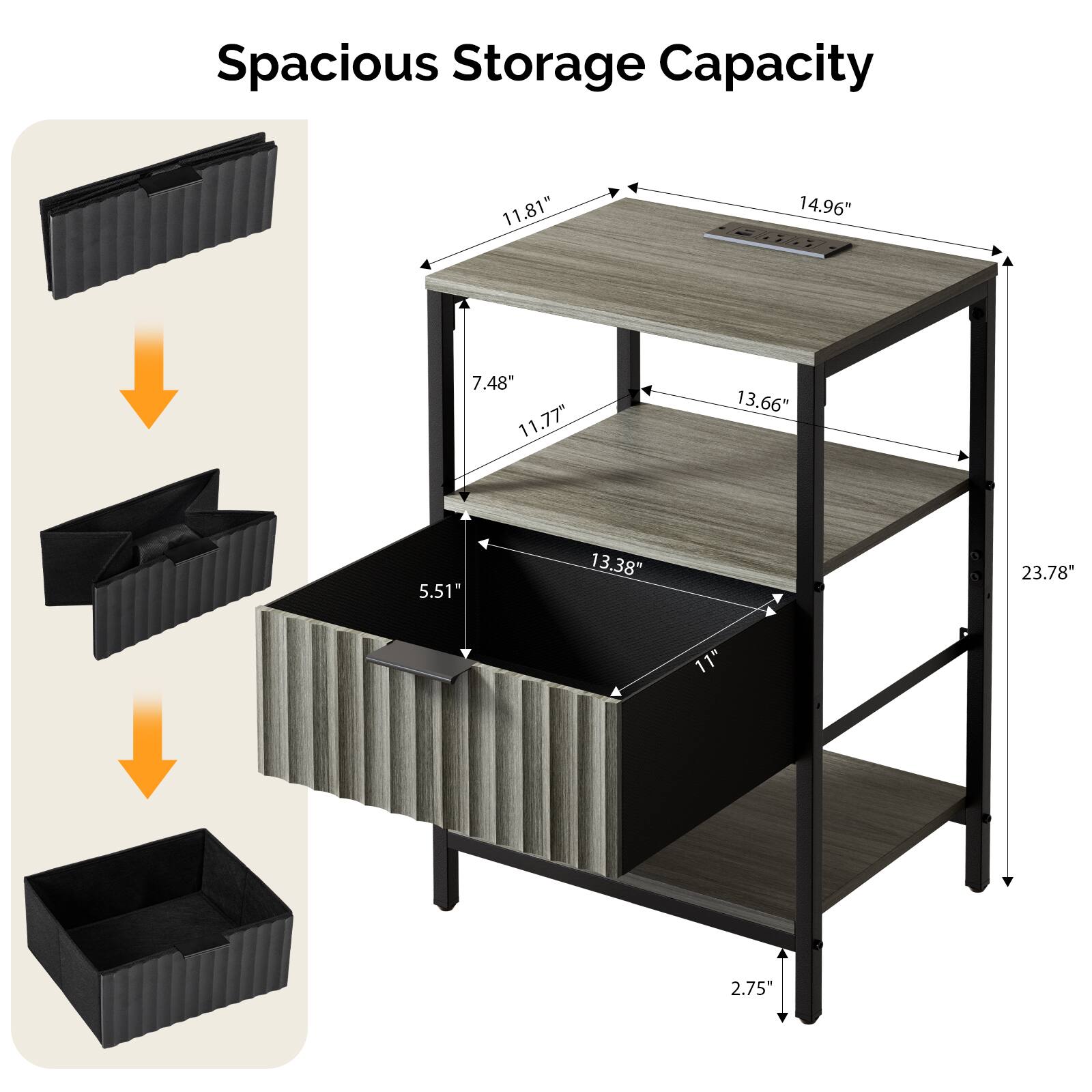 Spacious Storage Capacity

- 11.81"
- 14.96"
- 7.48"
- 11.77"
- 13.66"
- 5.51"
- 13.38"
- 23.78"
- 11"
- 2.75"