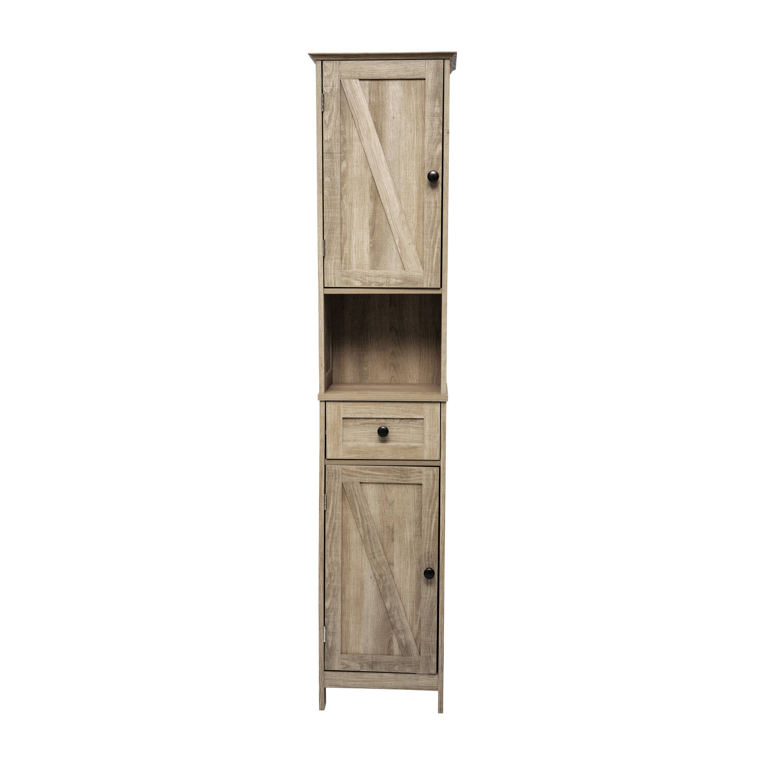Alt View 9. Emma + Oliver - Farmhouse Freestanding Linen Tower with Shelves, Drawer, and Doors - Brown.