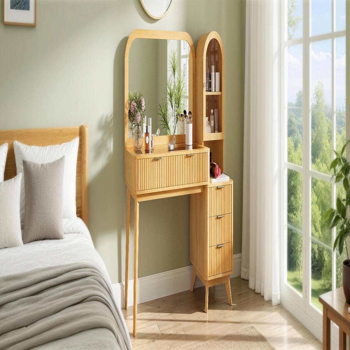 Alt View 9. Loheer - Loheer 48 inch makeup vanity desk with large 32 inch mirror, fluted design and charging station - Natural.
