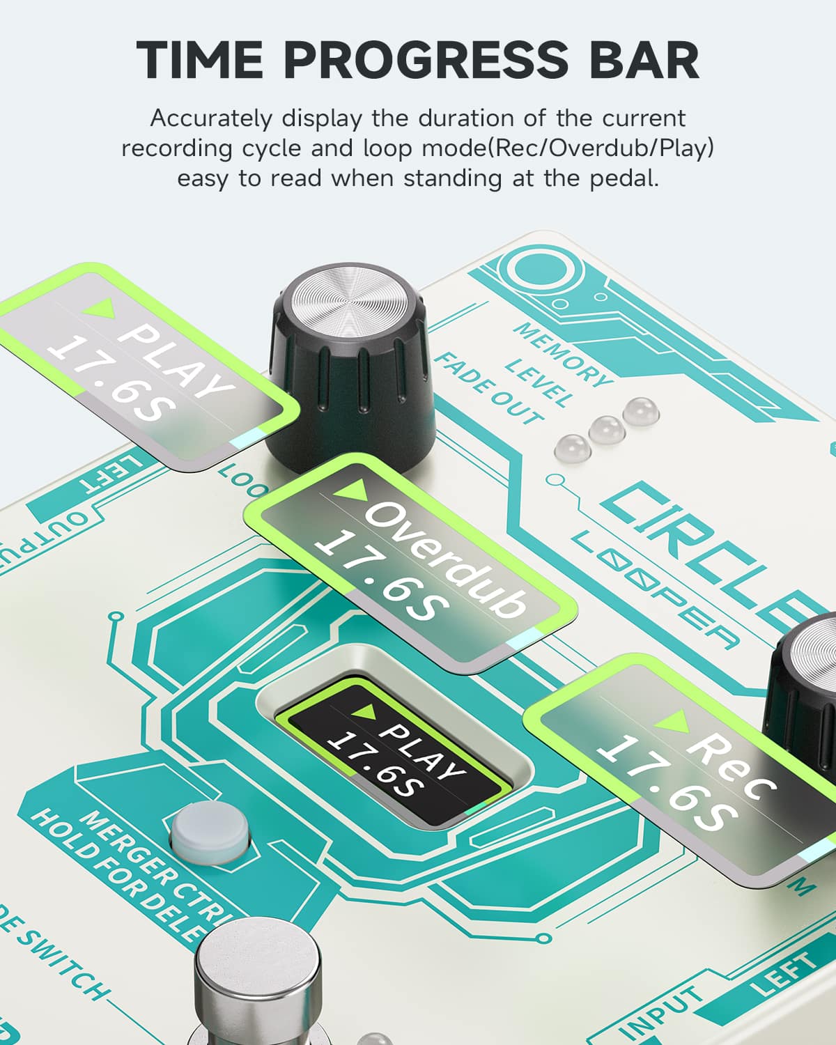 TIME PROGRESS BAR
Accurately display the duration of the current recording cycle and loop mode(Rec/Overdub/Play) mode easy to read when standing at the pedal.
17.6S PLAY
17.6S Overdub
17.6S Play
17.6S Rec
FADE OUT
MEMORY
LEVEL
CIRCLE LOOPER
HOLD FOR DELETE
MERGER CTRI SWITCH
LEFT
INPUT