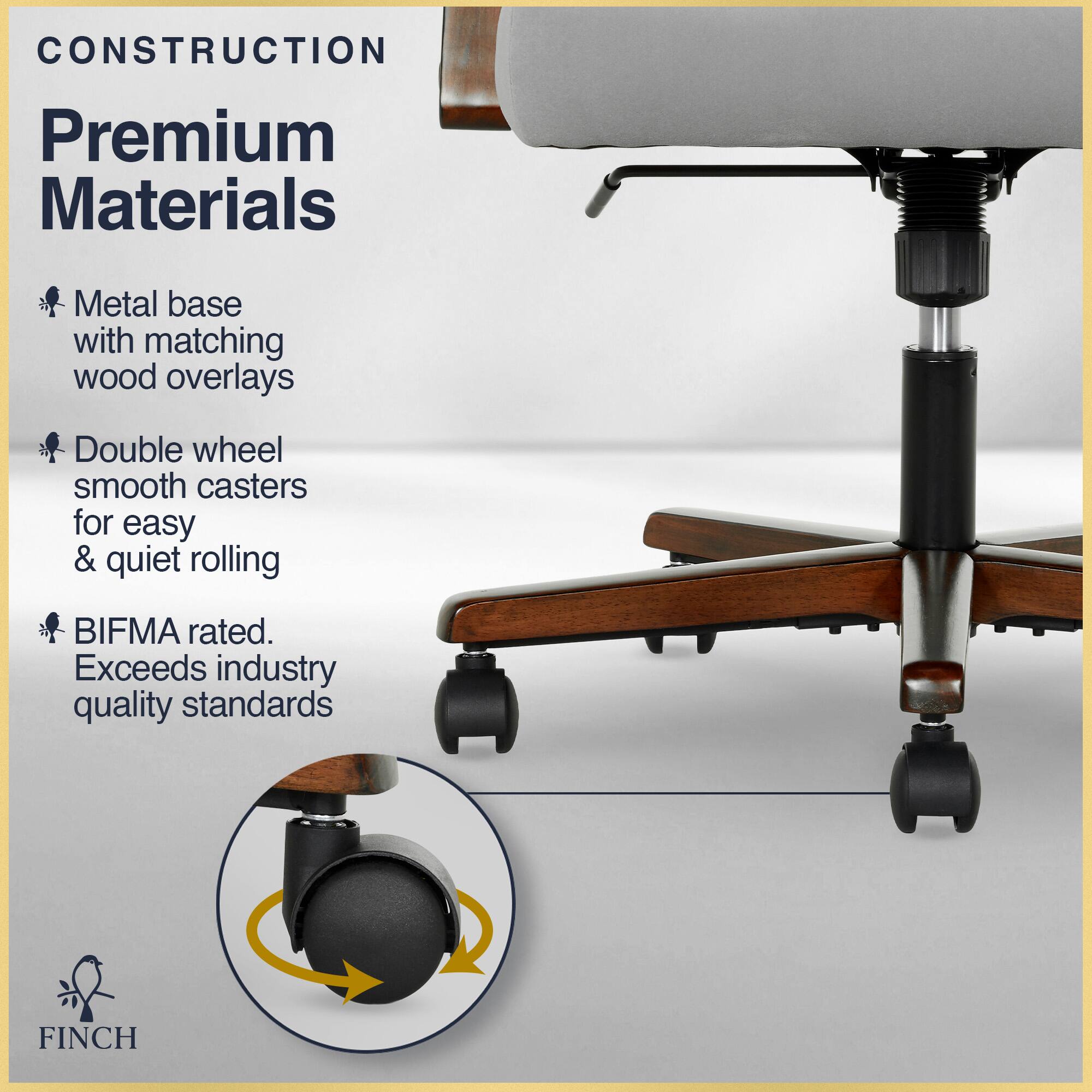 CONSTRUCTION  
Premium Materials  
Metal base with matching wood overlays  
Double wheel smooth casters for easy & quiet rolling  
BIFMA rated. Exceeds industry quality standards  

FINCH