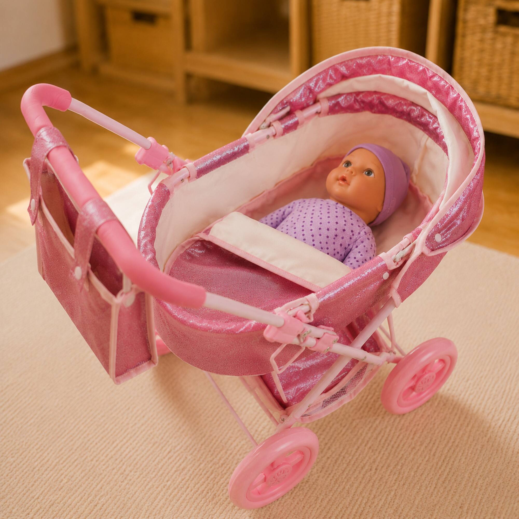 Angle. Teamson Kids - Pink Baby Doll Bassinet Pram with Cover.