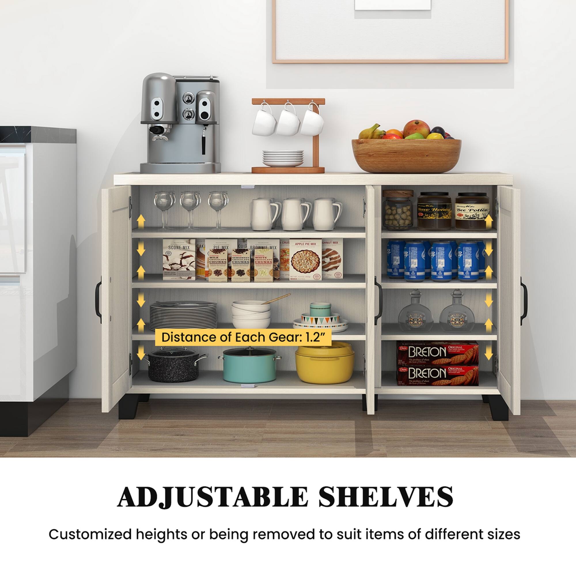 Adjustable Shelves Customized heights or being removed to suit items of different sizes.