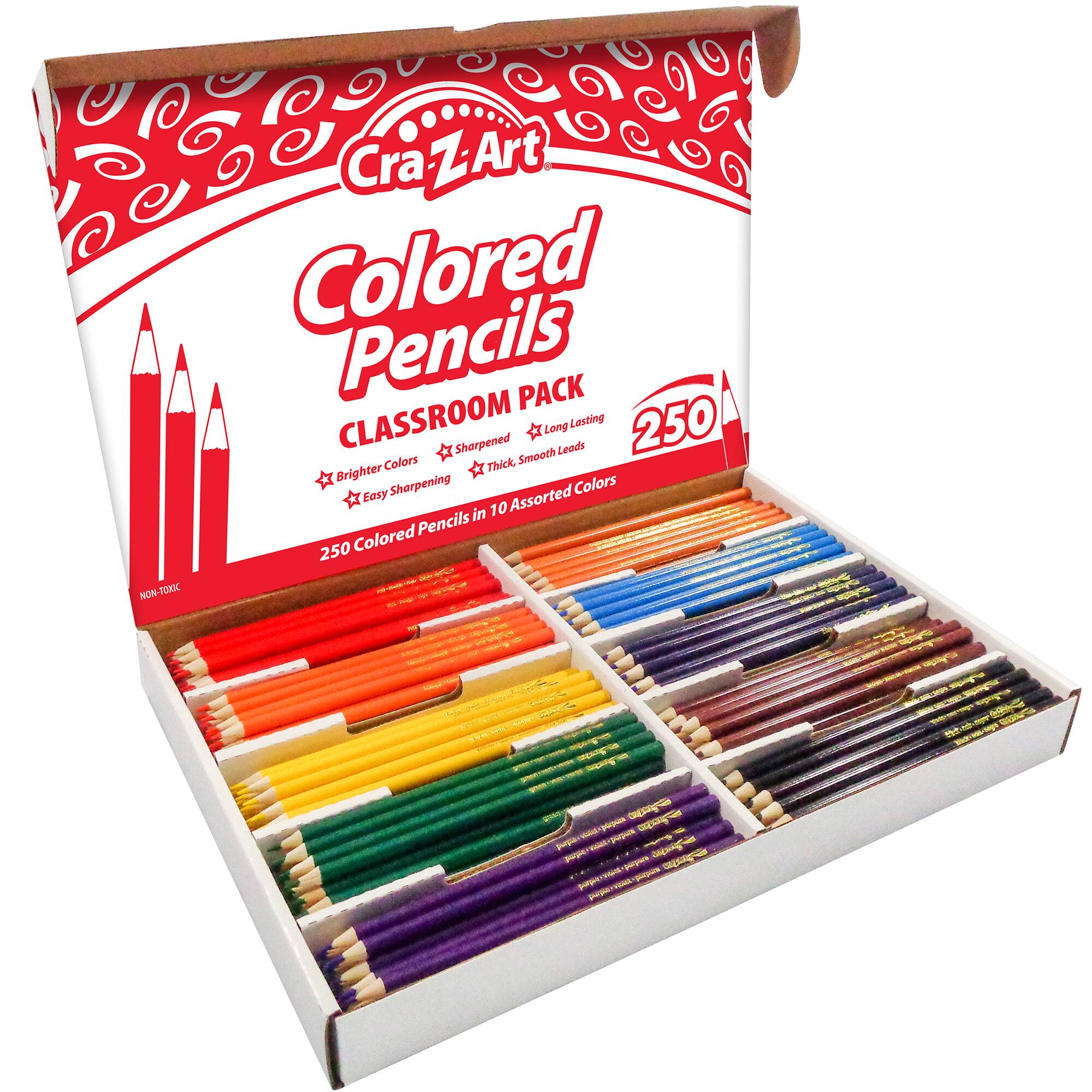 Cra-Z-Art Colored Pencils Classroom Pack: 250 Colors, Sharpened, Long Leads, Lasting, Thick, Smooth, Brighter Sharpening, Easy Assorted in 10 Pencils.