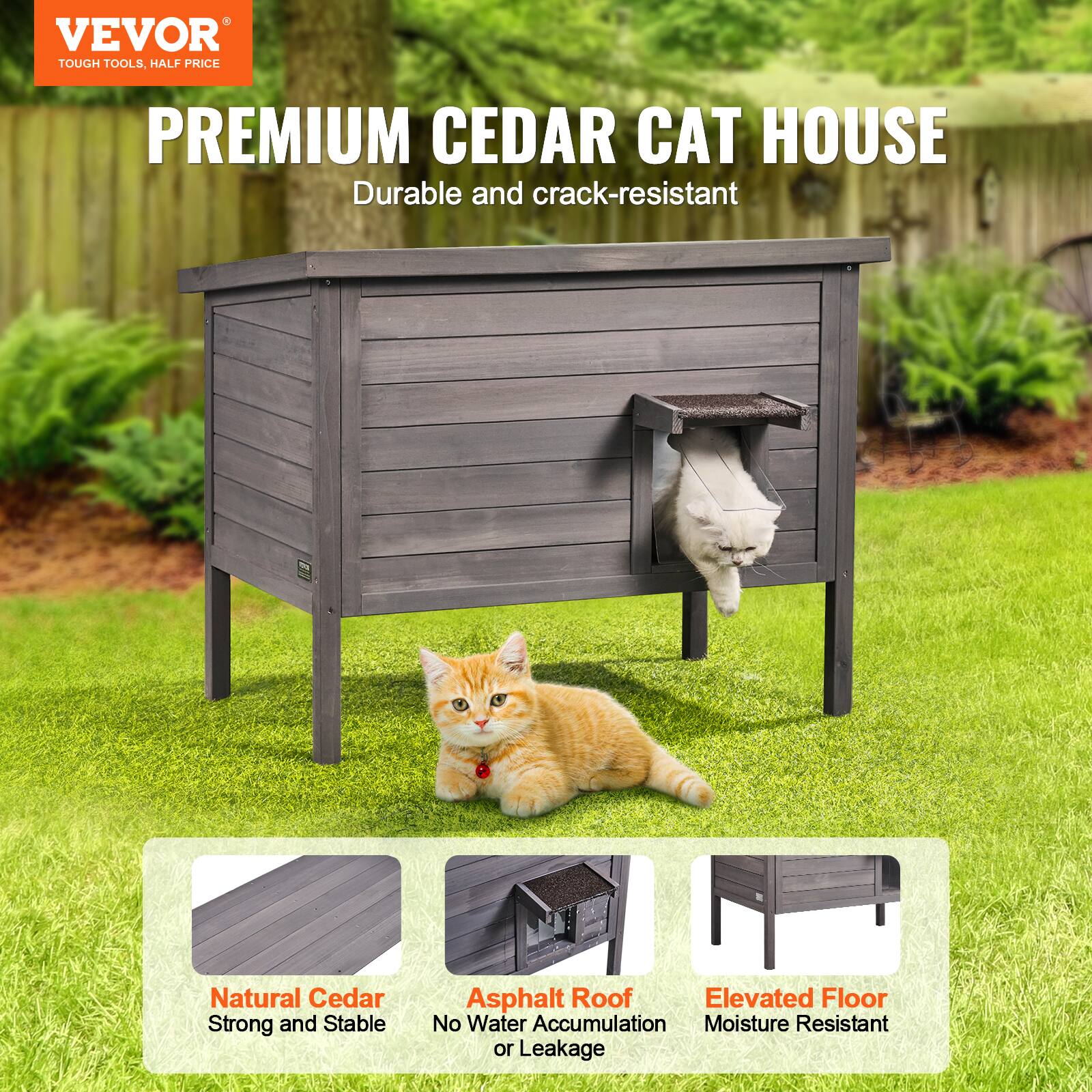 VEVOR TOUGH TOOLS, HALF PRICE PREMIUM CEDAR CAT HOUSE

- Durable and crack-resistant
- Natural Cedar
- Strong and Stable
- Asphalt Roof
- Elevated Floor
- No Water Accumulation
- Moisture Resistant or Leakage
