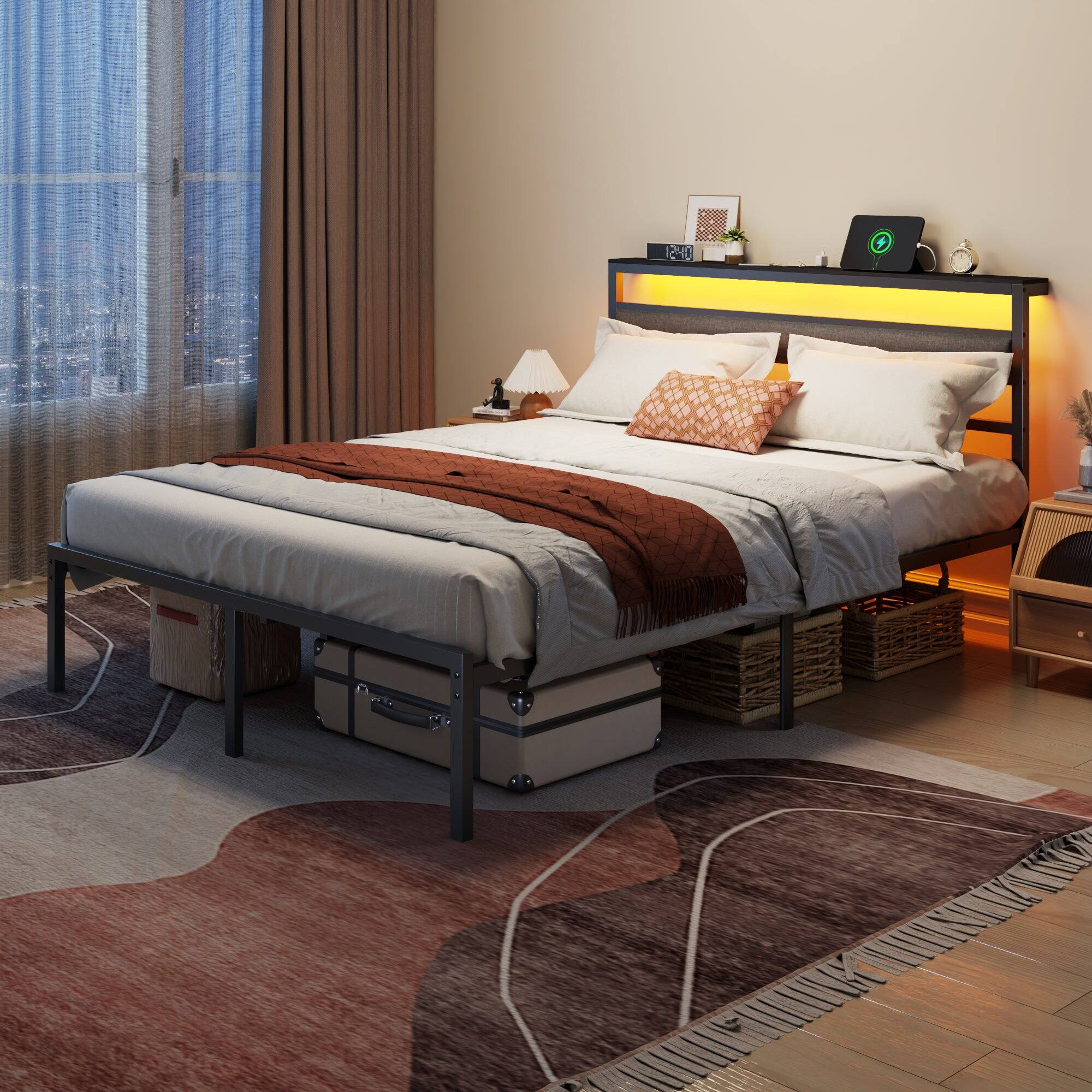 Left. Furnulem - Black Bed Frame with LED Light and Charging Station Metal Frame with Upholstered Headboard Large Storage Space - Black.