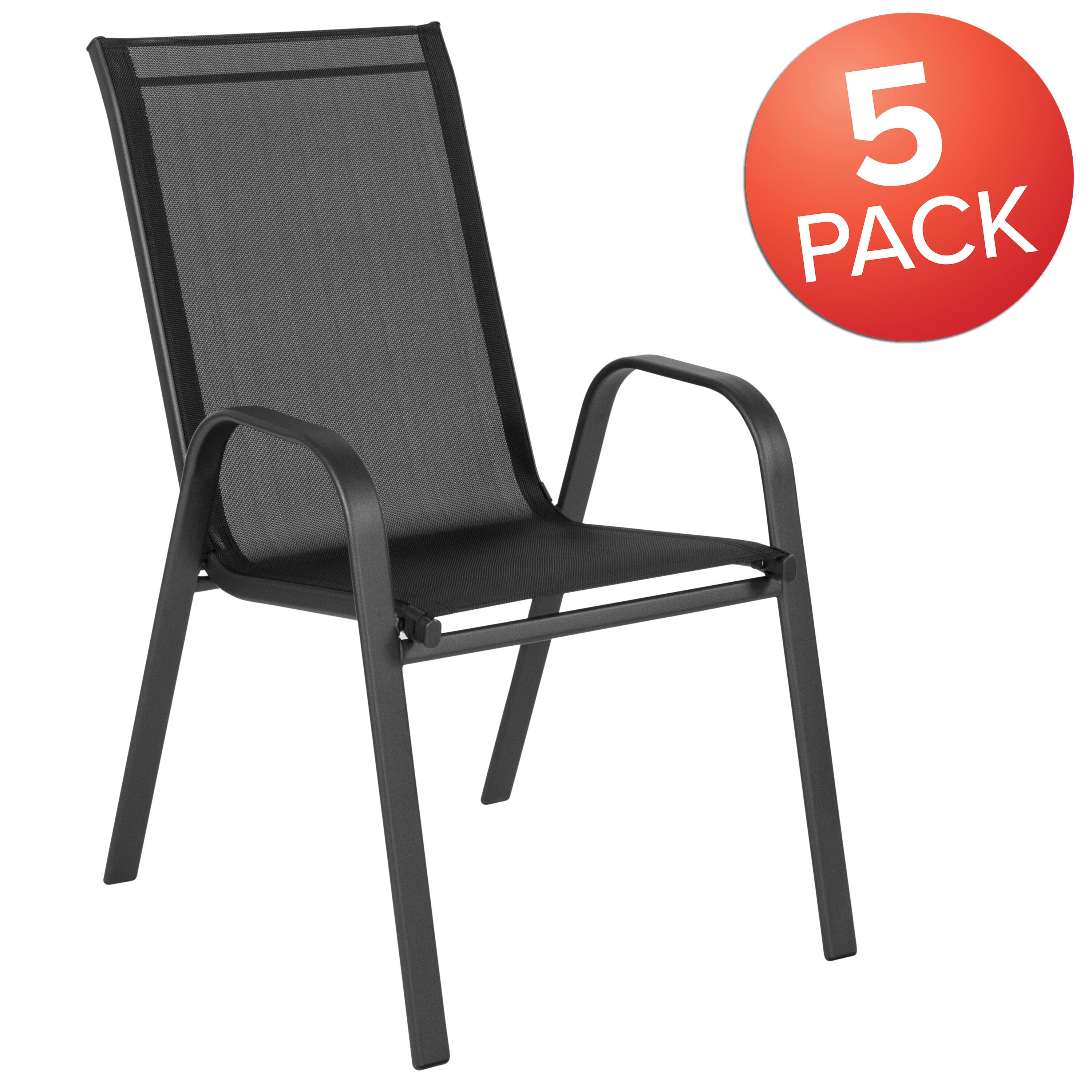 Alt View 1. Emma + Oliver - 5 Pack. Outdoor Stack Chair with Flex Comfort Material and Metal Frame - Black.