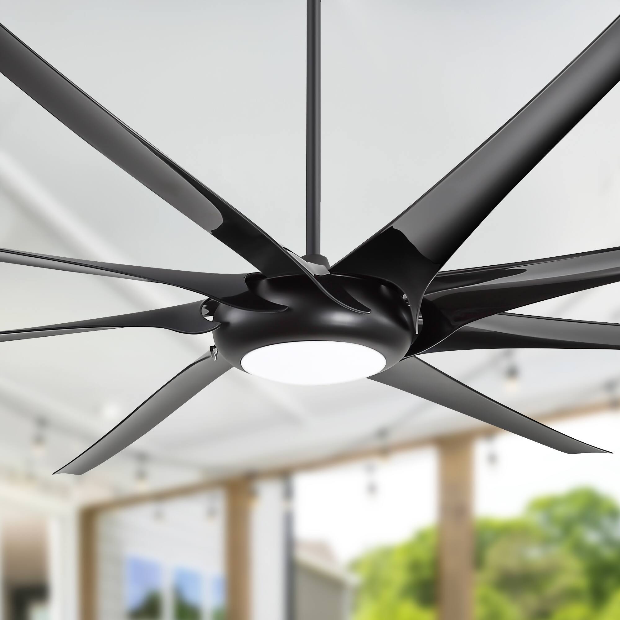 Back. Breezary - 100 Inch Large HVLS Commercial Ceiling Fan, 8 ABS Blades, DC Motor, 6-Speed Remote, 12/24/36'' Downrods, LED/No Light - Black (With Light).