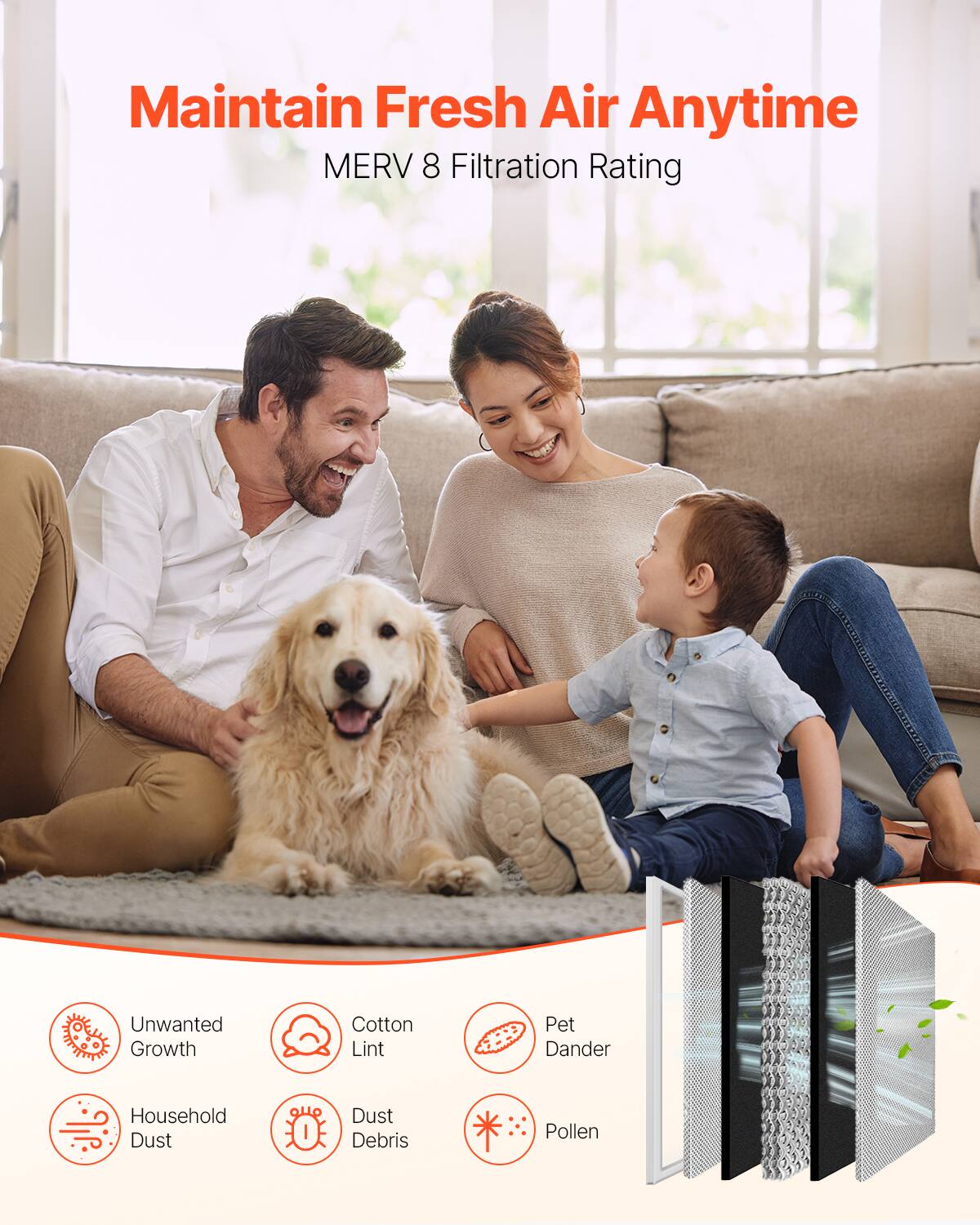 Maintain Fresh Air Anytime  
MERV 8 Filtration Rating  

- Unwanted Growth  
- Cotton Lint  
- Pet Dander  
- Household Dust  
- Dust Debris  
- Pollen