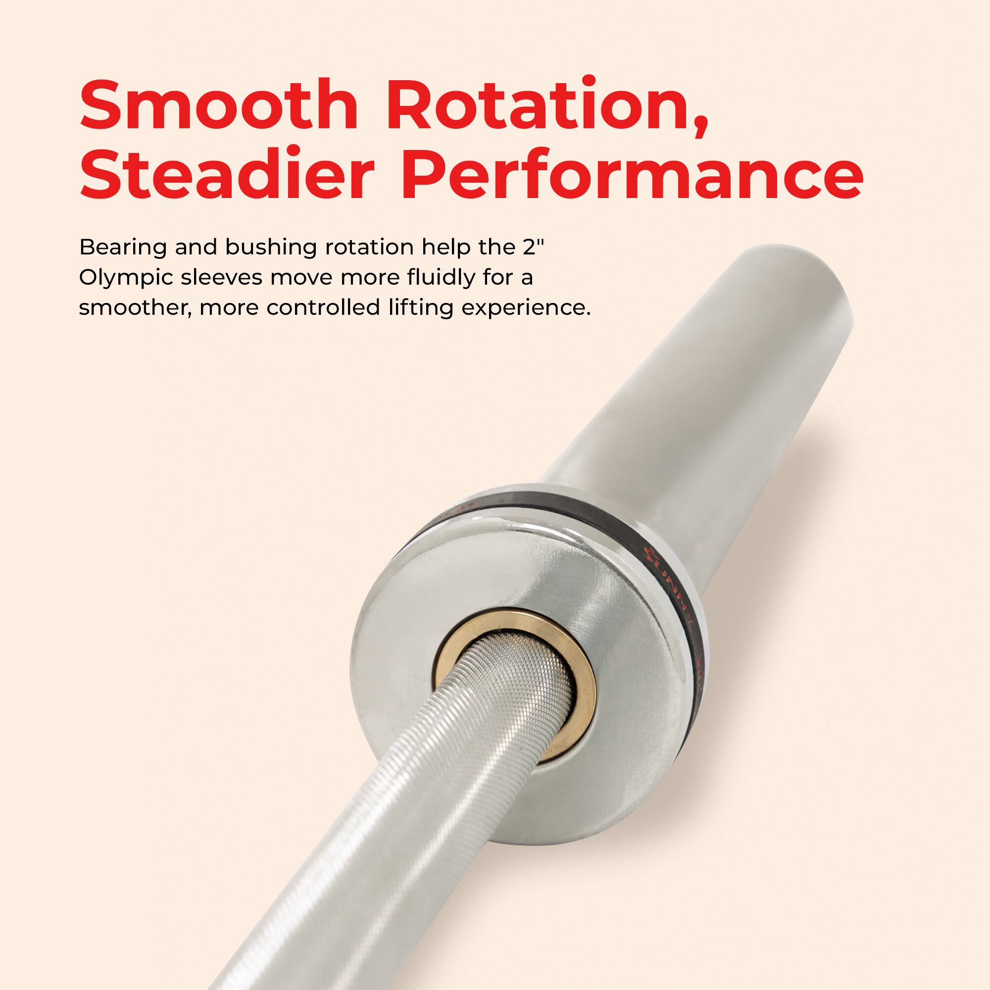 Smooth Rotation, Steadier Performance

Bearing and bushing rotation help the 2" Olympic sleeves move more fluidly for a smoother, more controlled lifting experience.