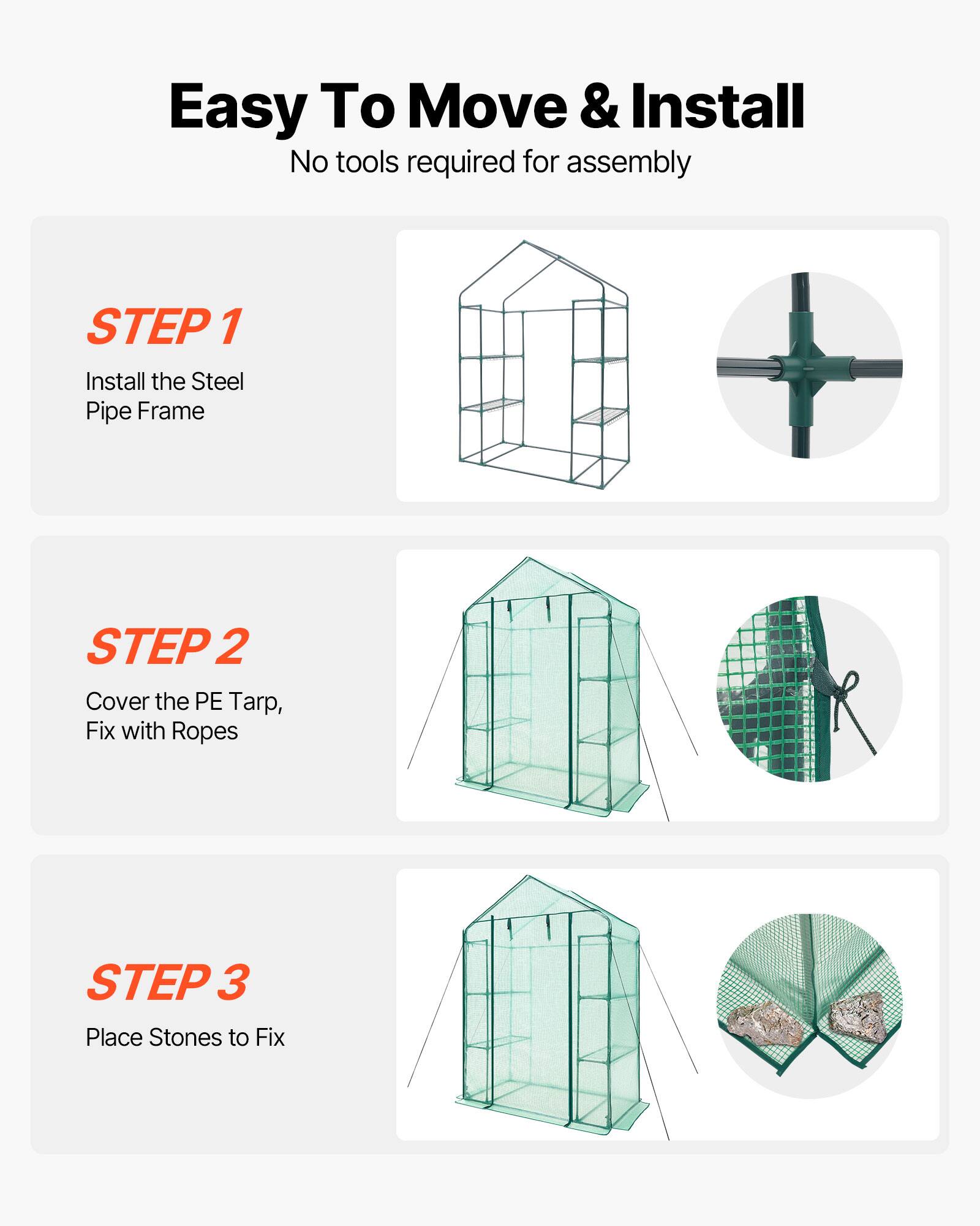 Easy To Move & Install  
No tools required for assembly  

STEP 1  
Install the Steel Pipe Frame  

STEP 2  
Cover the PE Tarp, Fix with Ropes  

STEP 3  
Place Stones to Fix