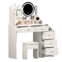 Ecooso - Makeup Vanity Desk with Mirror and Lights, 2 Drawers, Shelves, Power Outlet, Stool - White