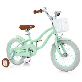 Costway - 14" Kid's Bike with Removable Training Wheels & Basket for 3-5 Years Old - Green