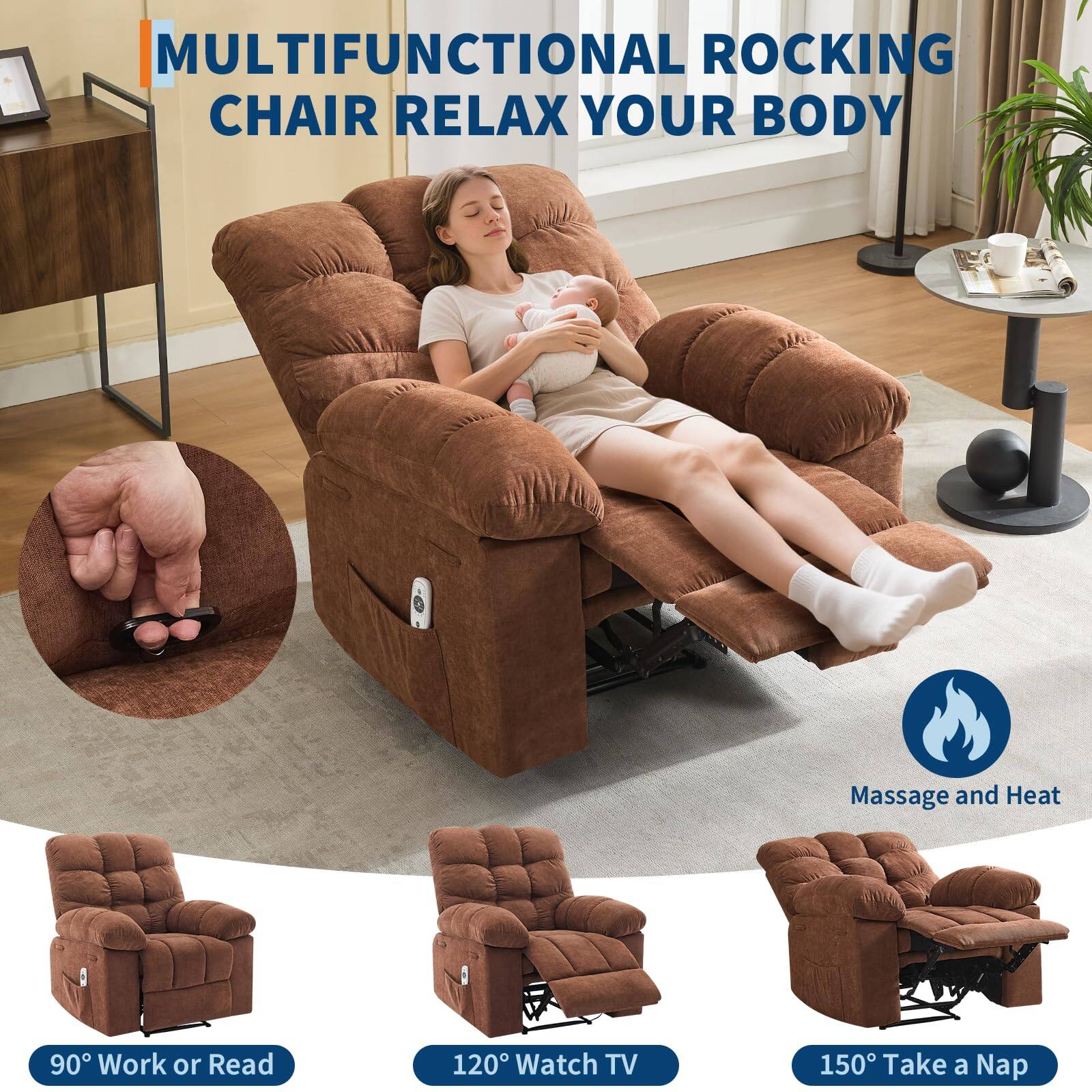 MULTIFUNCTIONAL ROCKING CHAIR RELAX YOUR BODY

Massage and Heat

90° Work or Read

120° Watch TV

150° Take a Nap