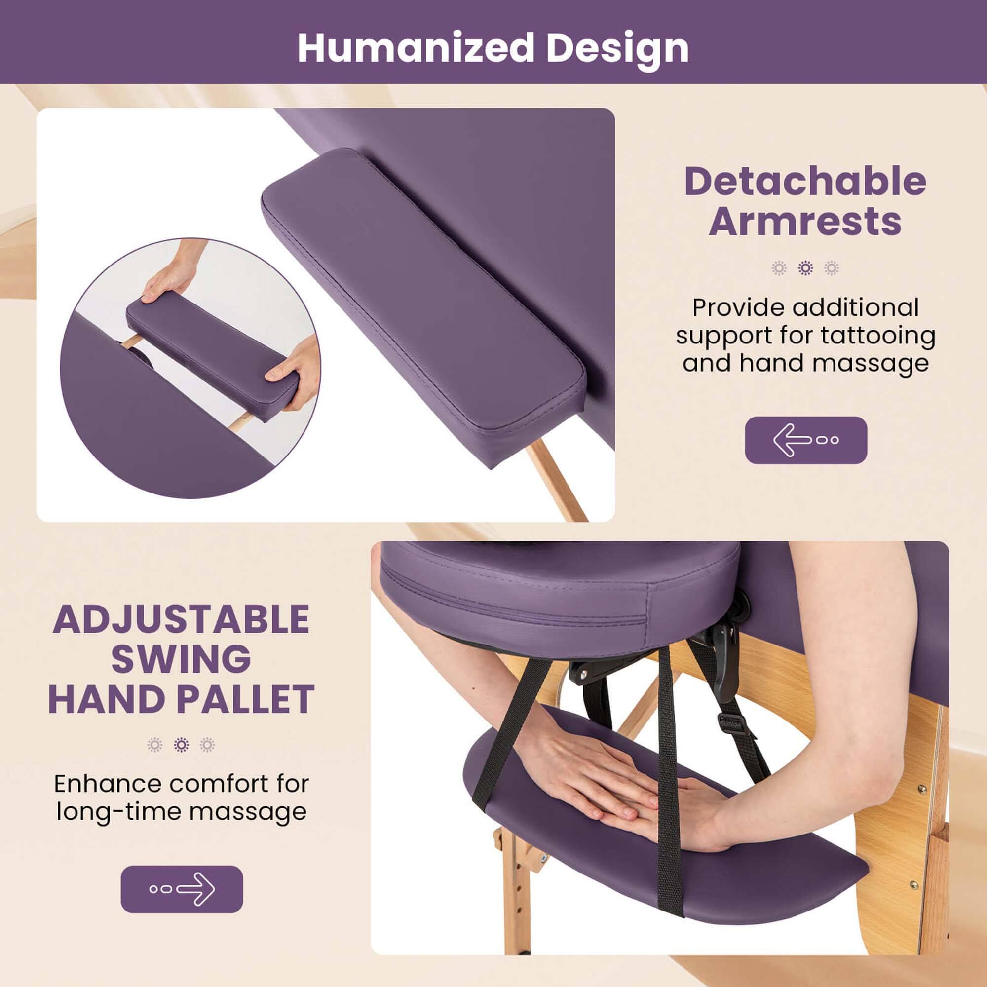 Humanized Design

Detachable Armrests  
Provide additional support for tattooing and hand massage

ADJUSTABLE SWING HAND PALLET  
Enhance comfort for long-time massage