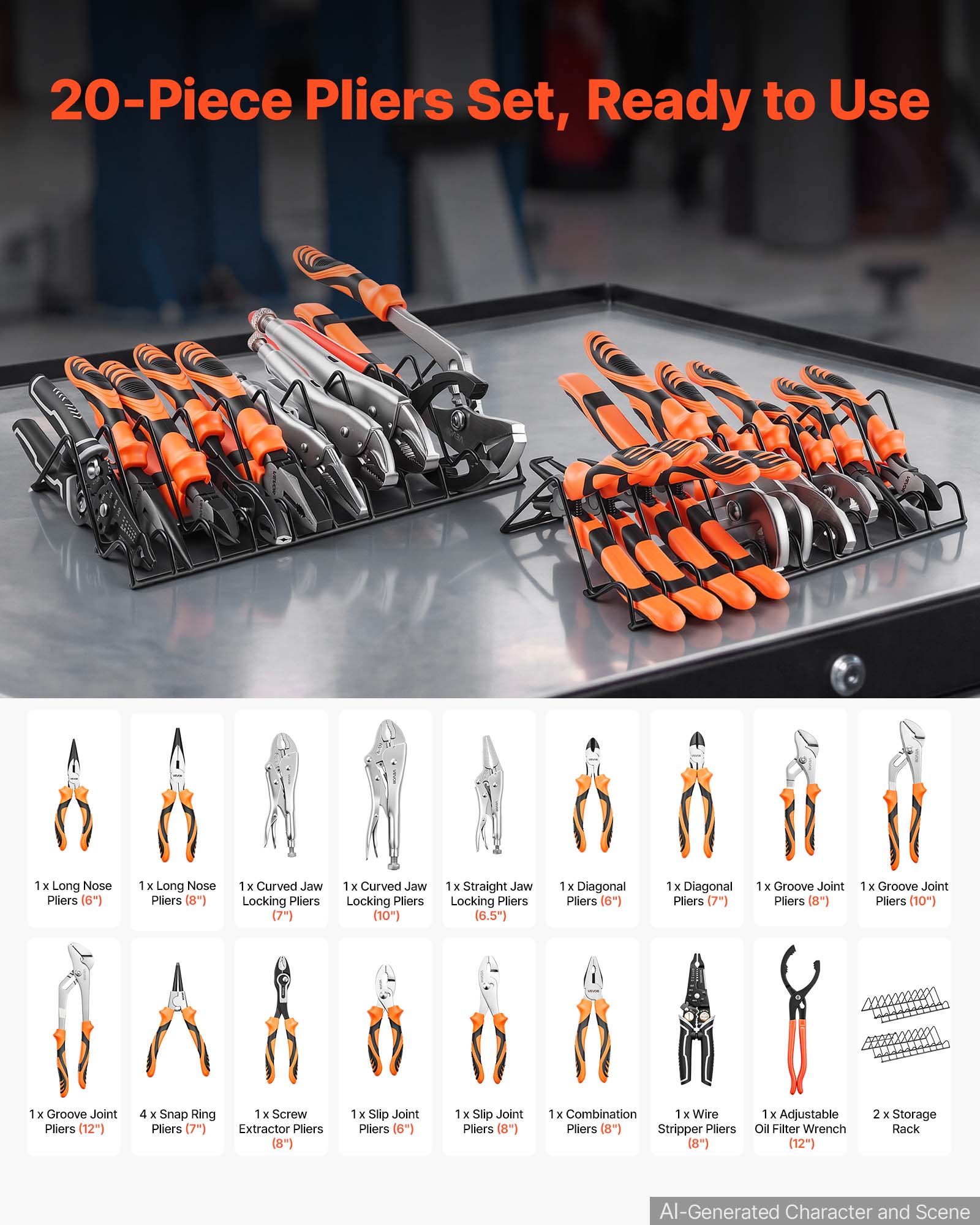 20-Piece Pliers Set, Ready to Use

1 X Long Nose Pliers (6")
1 X Long Nose Pliers (8")
1 x Curved Jaw Locking Pliers (7")
1 x Curved Jaw Locking Pliers (10")
1 x Straight Jaw Locking Pliers (6.5")
1 x Diagonal Pliers (6")
1 x Diagonal Pliers (7")
1 x Groove Joint Pliers (8")
1 x Groove Joint Pliers (10")
1 x Groove Joint Pliers (12")
4 x Snap Ring Pliers
1 x Screw Extractor Pliers (8")
1 x Slip Joint Pliers (6")
1 x Slip Joint Pliers (8")
1 x Combination Pliers (8")
1 x Wire Stripper Pliers (8")
1 x Adjustable Oil Filter Wrench (12")
2 x Storage Rack