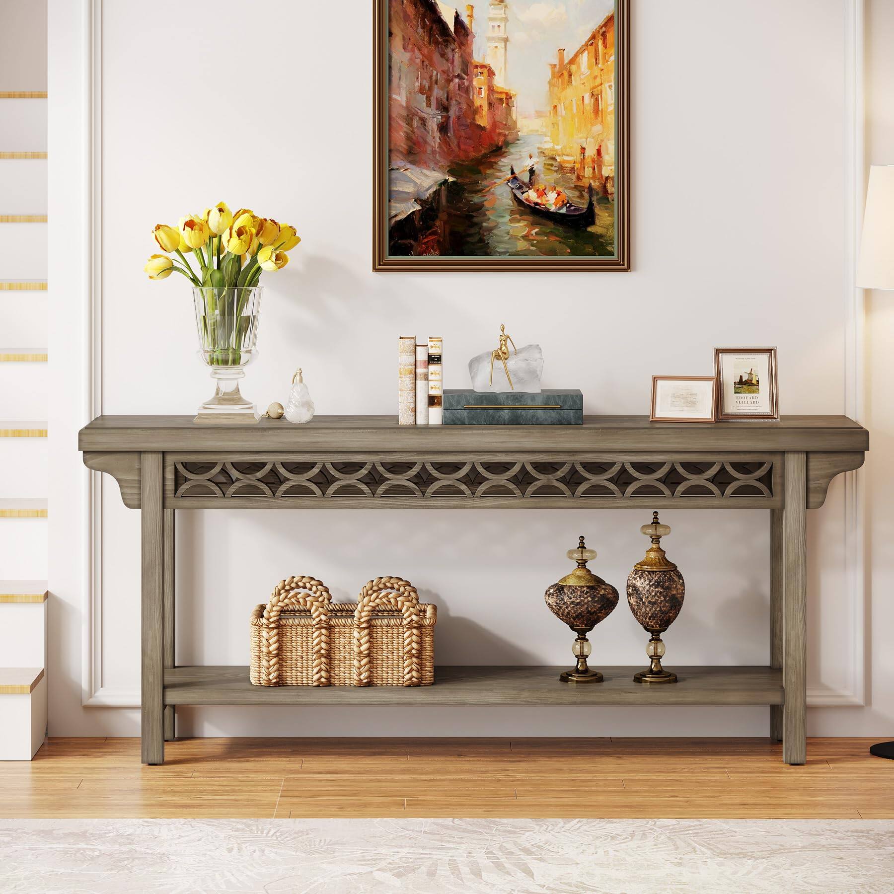Alt View 1. Tribesigns - 70.8-Inch Solid Wood Long Console Table, Farmhouse Entryway Table with Storage, Narrow Sofa Table Grey Couch Table for L - Grey.