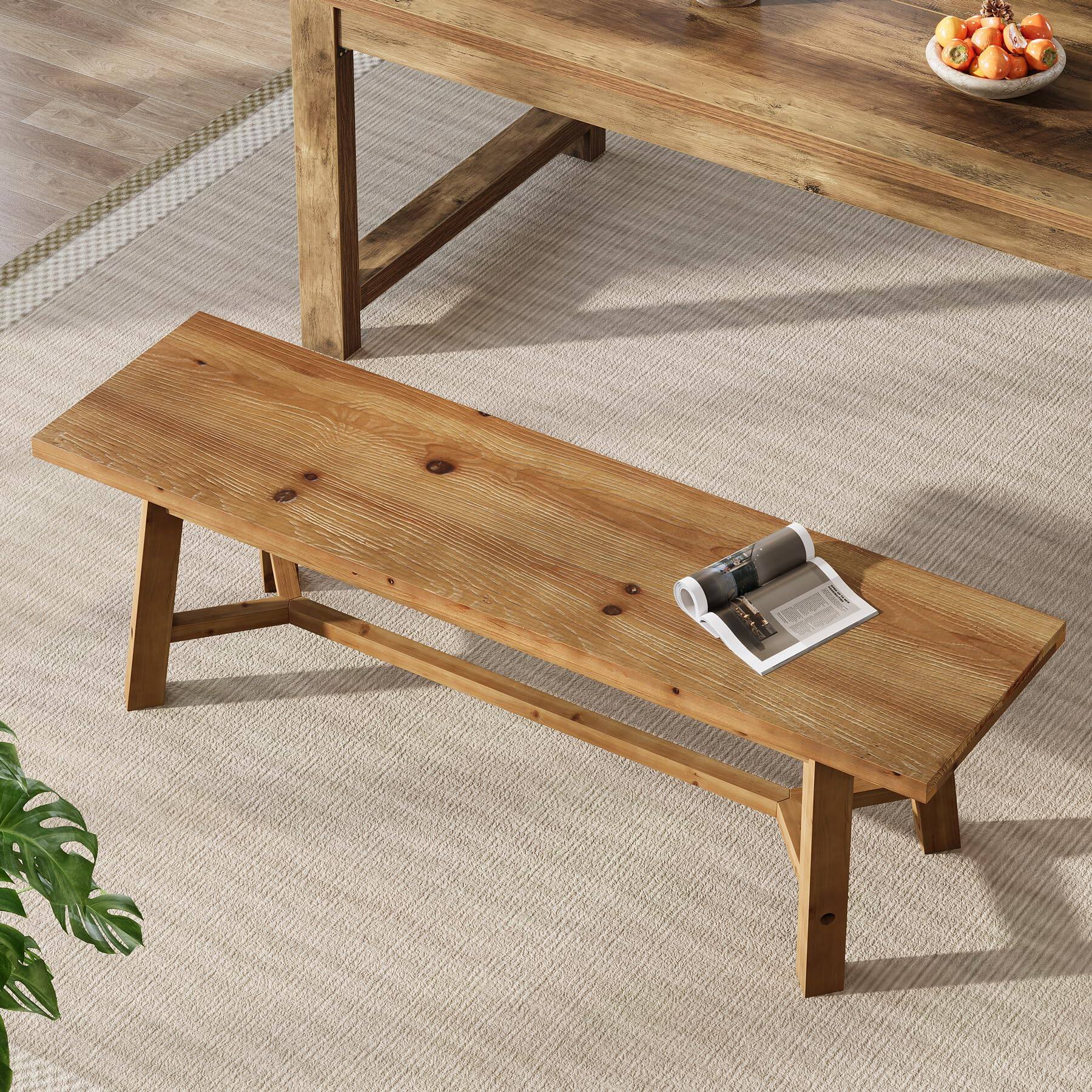Left. Tribesigns - 55" Solid Wood Bench, Farmhouse Bench Seat for Entryway - Rustic Brown.