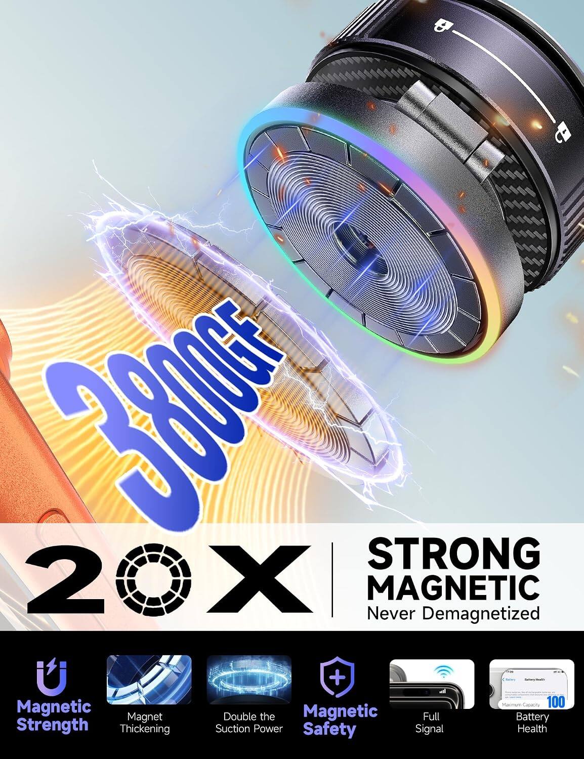 3800F

20X

STRONG MAGNETIC
Never Demagnetized

Magnetic Strength
Magnet Thickening
Double the Suction Power
Magnetic Safety
Full Signal
Battery Health
Maximum Capacity 100
