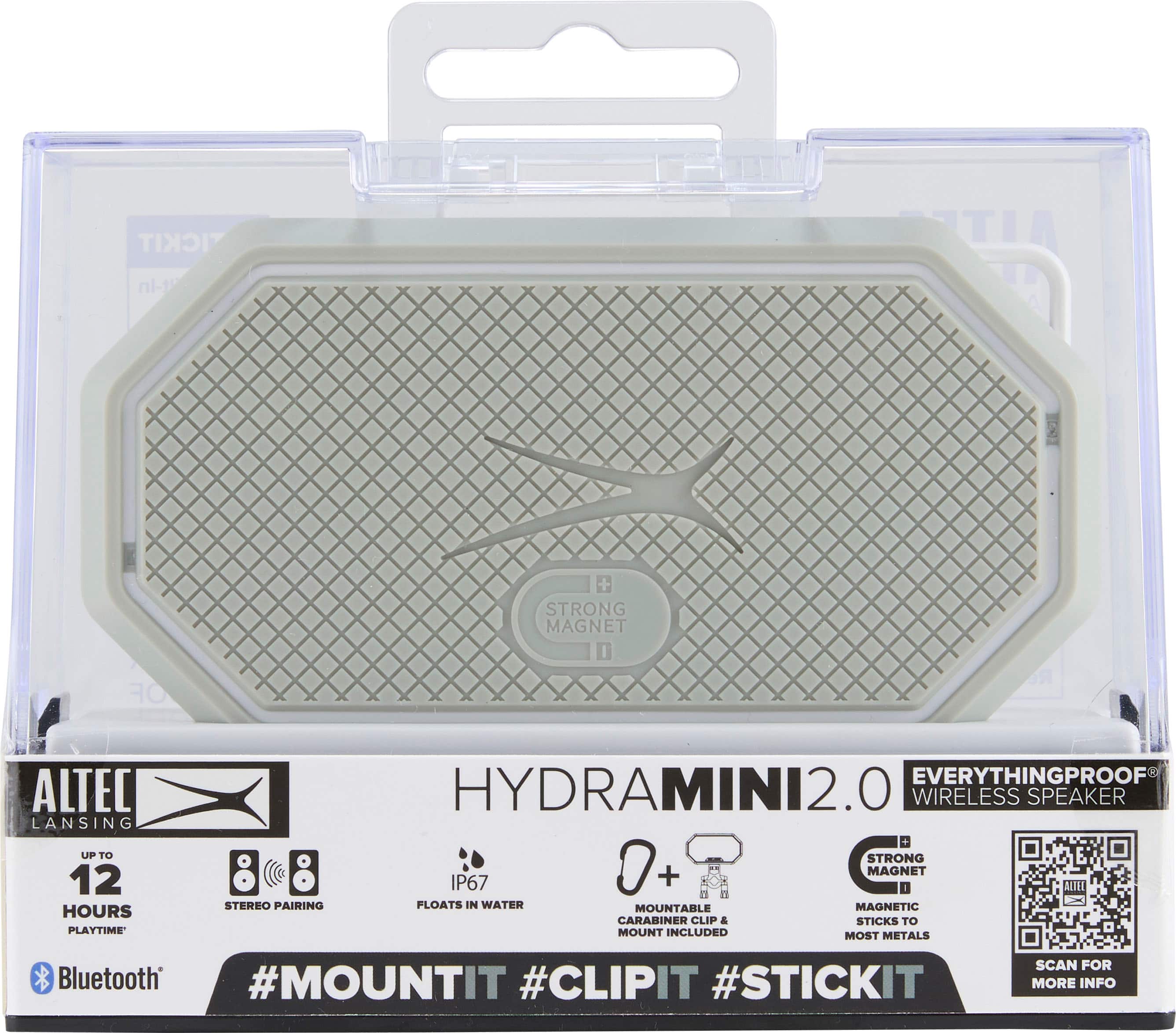 The text on the image reads:
"ALTEC LANSING HYDRAMINI2.0 WIRELESS SPEAKER EVERYTHINGPROOF IP67 WATERPROOF 12 HOURS PLAYTIME STRONG MAGNET 2.0 WIRELESS SPEAKER STRONG IP67 WATERPROOF MAGNETIC CARABINER CLIP & STICKS TO MOUNT INCLUDED MOST METALS Bluetooth #MOUNTIT #CLIPIT #STICKIT SCAN FOR MORE INFO"