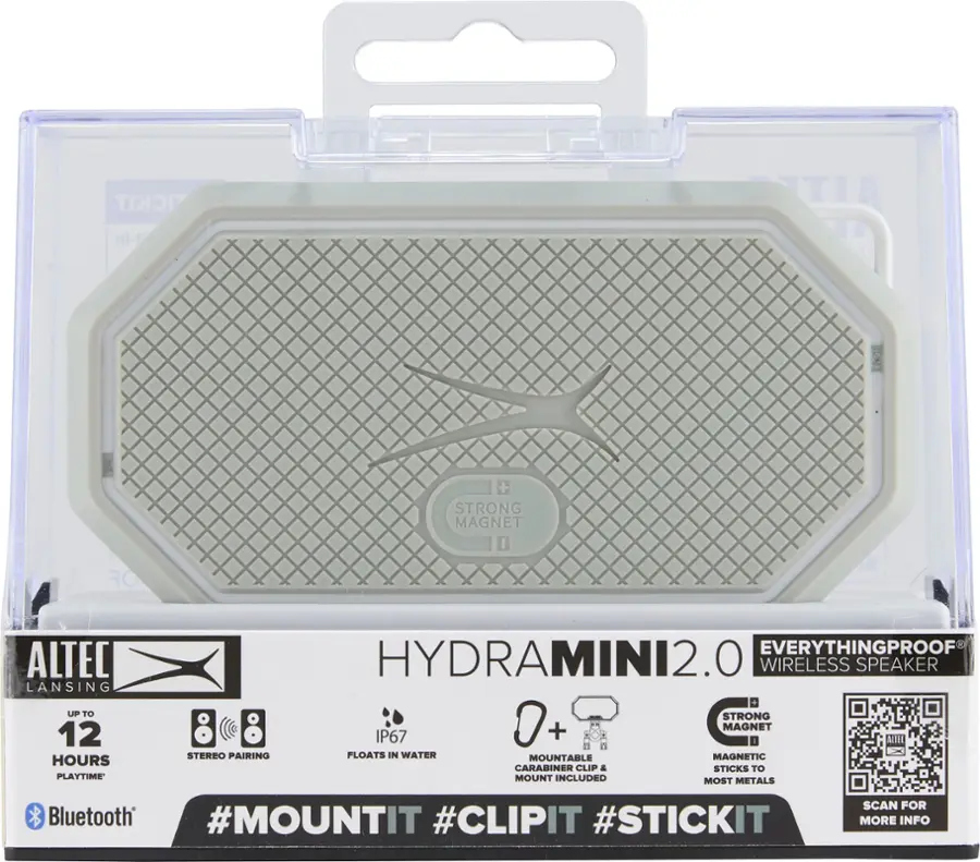 The text on the image reads:

"ALTEC LANSING HYDRAMINI2.0 WIRELESS SPEAKER EVERYTHINGPROOF IP67 WATERPROOF 12 HOURS PLAYTIME STRONG MAGNET 2.0 WIRELESS SPEAKER STRONG IP67 WATERPROOF MAGNETIC CARABINER CLIP & STICKS TO MOUNT INCLUDED MOST METALS Bluetooth #MOUNTIT #CLIPIT #STICKIT SCAN FOR MORE INFO"
