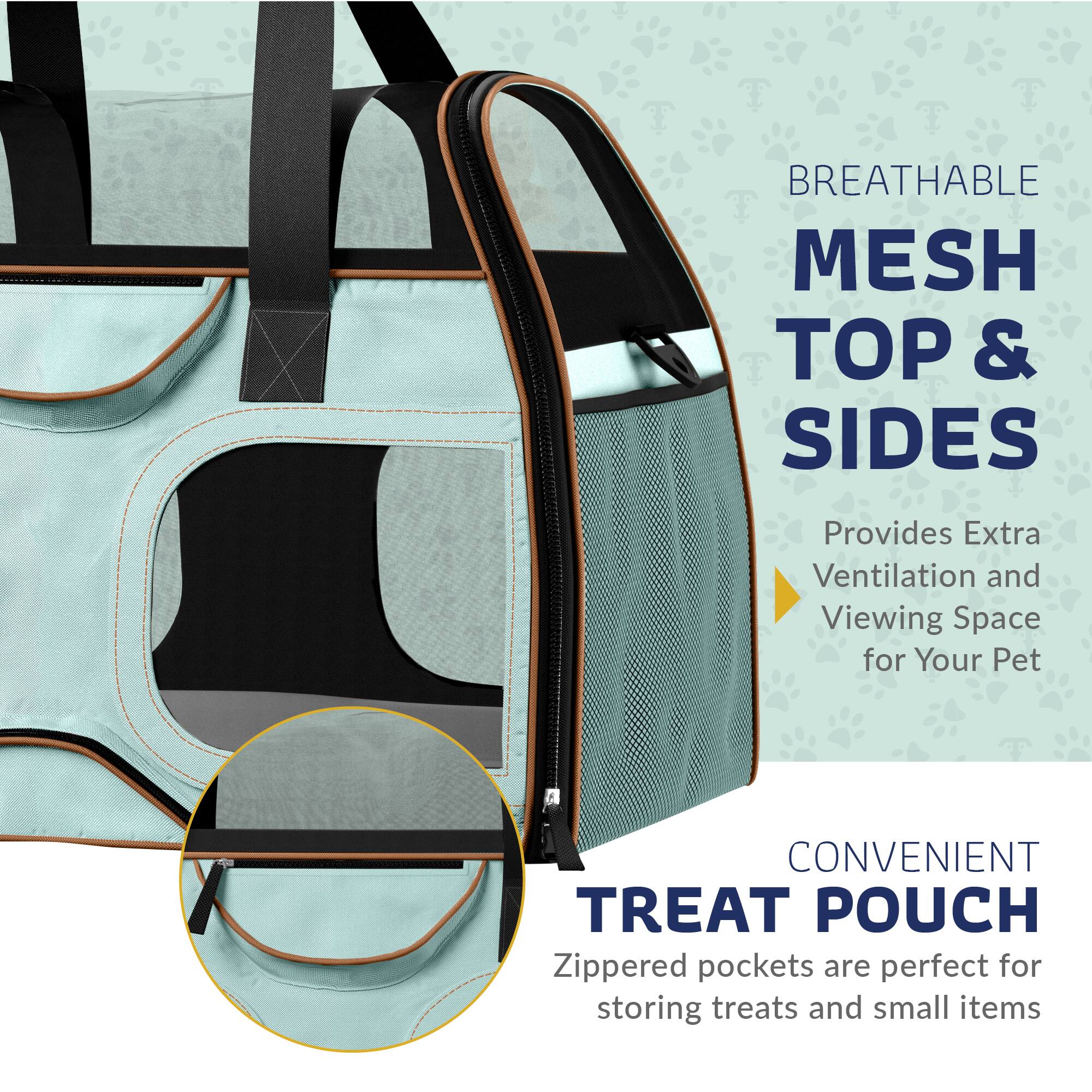 BREATHABLE MESH TOP & SIDES  
Provides Extra Ventilation and Viewing Space for Your Pet  

CONVENIENT TREAT POUCH  
Zippered pockets are perfect for storing treats and small items
