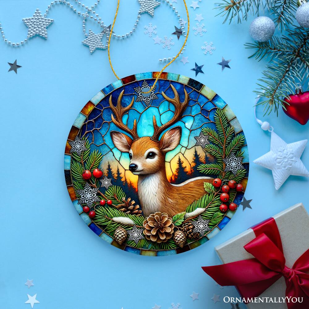 Back. OrnamentallyYou - Majestic Winter Deer in Holly Branches Ornament Enchanting Holiday Wonderland for Christmas Tree V2 - Multi-colored.