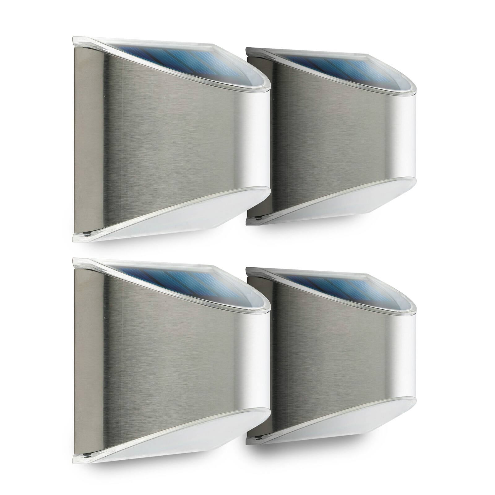 Front. Home Zone Security - Home Zone Security ELJ9533V 4 Pack Solar Wall Lights, Stainless Steel Build, Weatherproof, Outdoor, No Wiring.