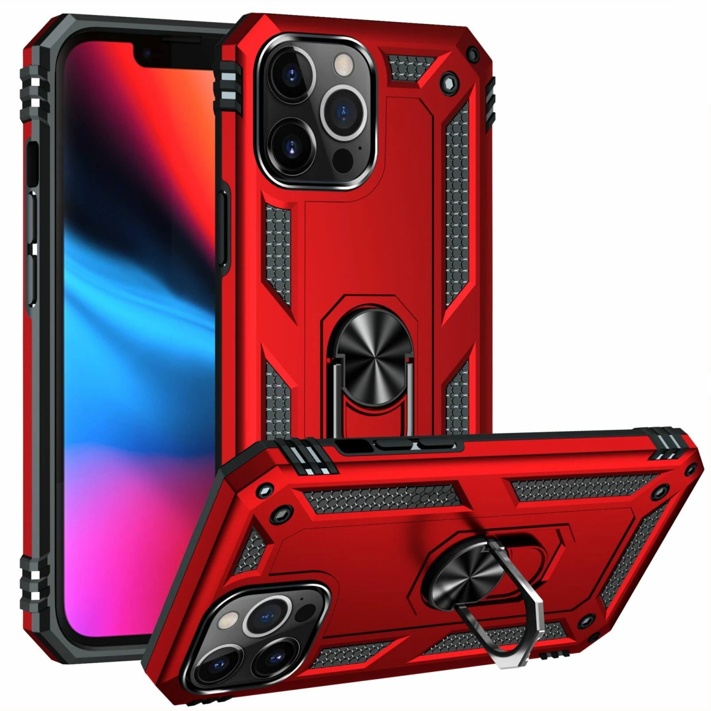 Front. Kitcheniva - Dual Layer Shockproof Armor With Ring Holder For iPhone 11 Case And Tempered Glass Red - Red.