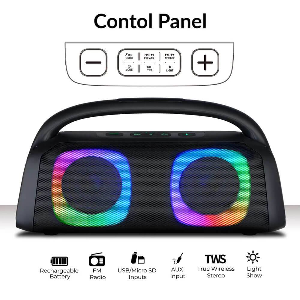 Control Panel

/MIC ECHO MODE H/ 44 PRFVIFR NEXTFFF LIGHT

Rechargeable FM USB/Micro SD Battery Radio Inputs AUX Input TWS True Wireless Stereo Light Show