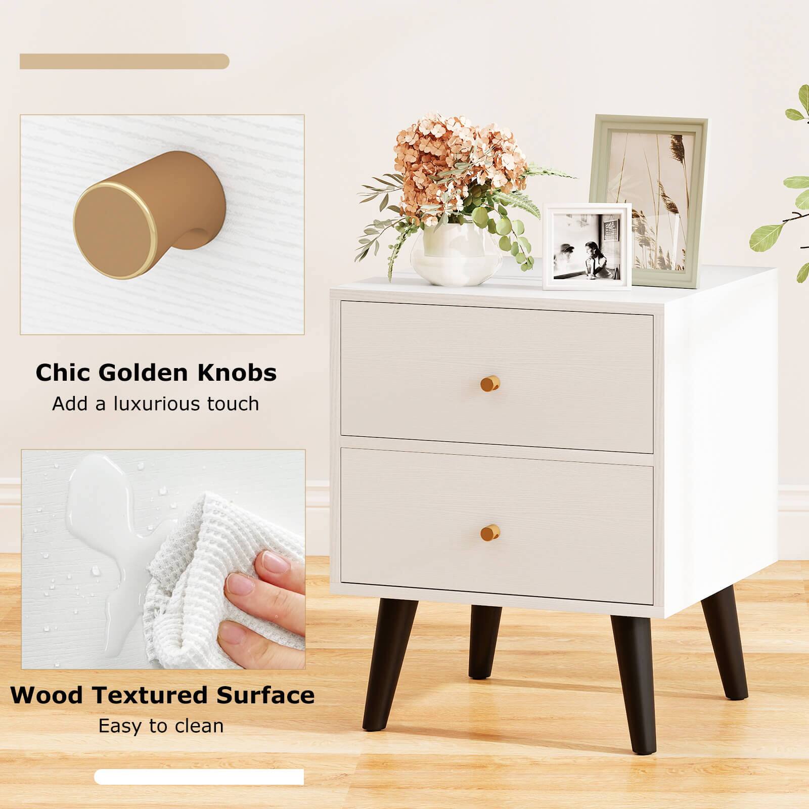 Chic Golden Knobs  
Add a luxurious touch  

Wood Textured Surface  
Easy to clean