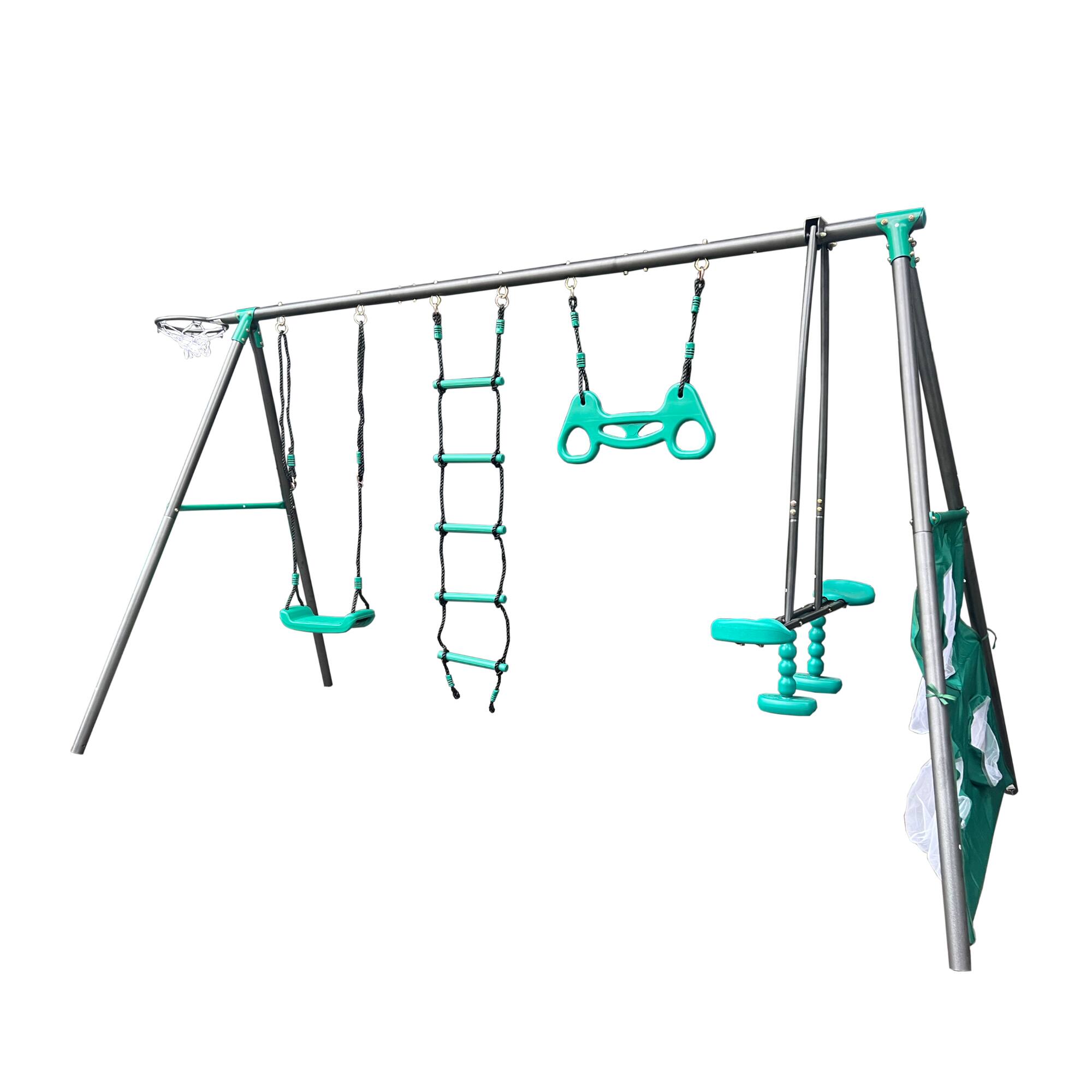 Alt View 5. Loheer - 12.6 ft Four Function Swing Set with Face-to-Face Seat, Climbing Ladder and Sports Play - Blackish Green.