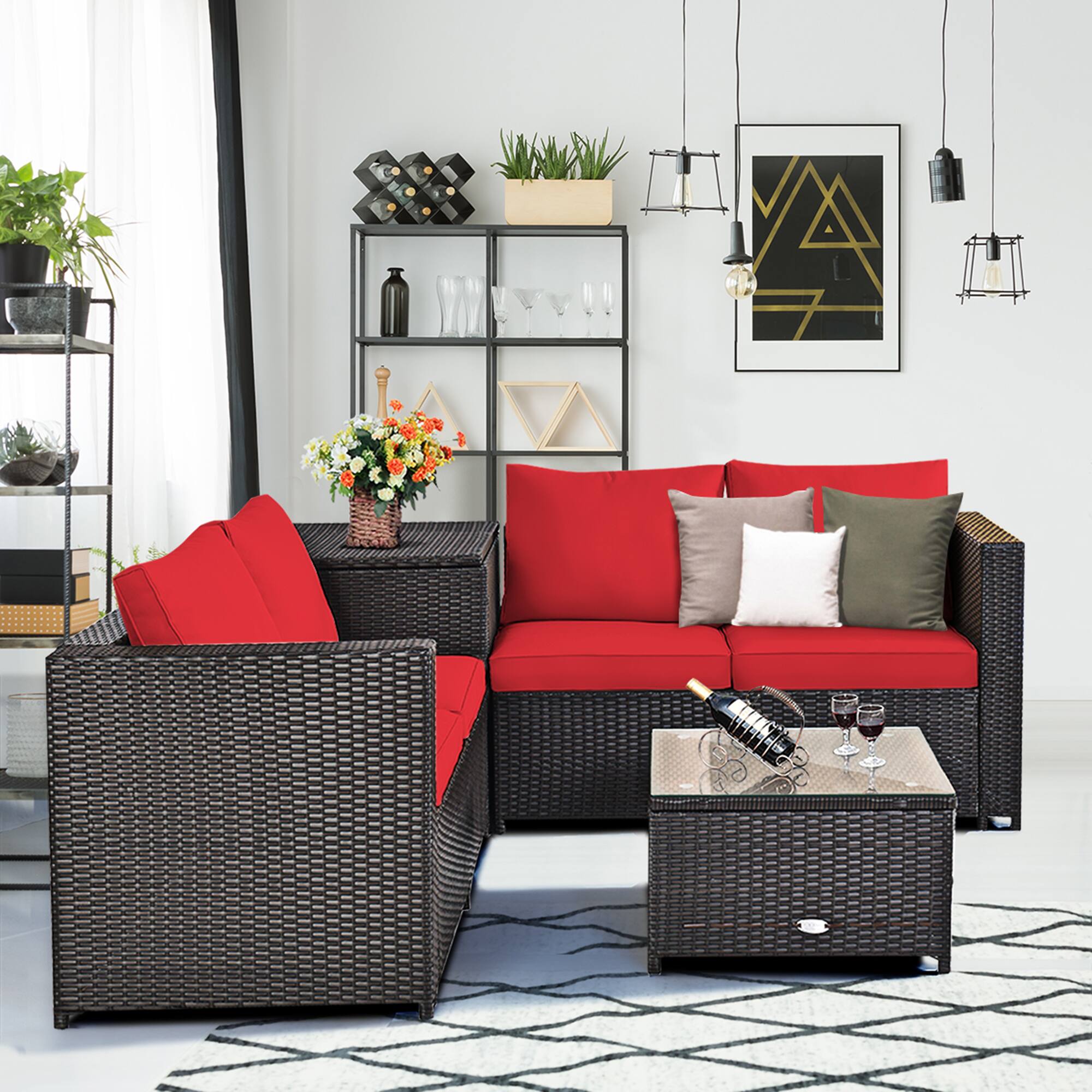 Alt View 5. Gymax - Gymax 8PCS Cushioned Rattan Patio Conversation Set w/ Side Table Red Cushion - Brown.