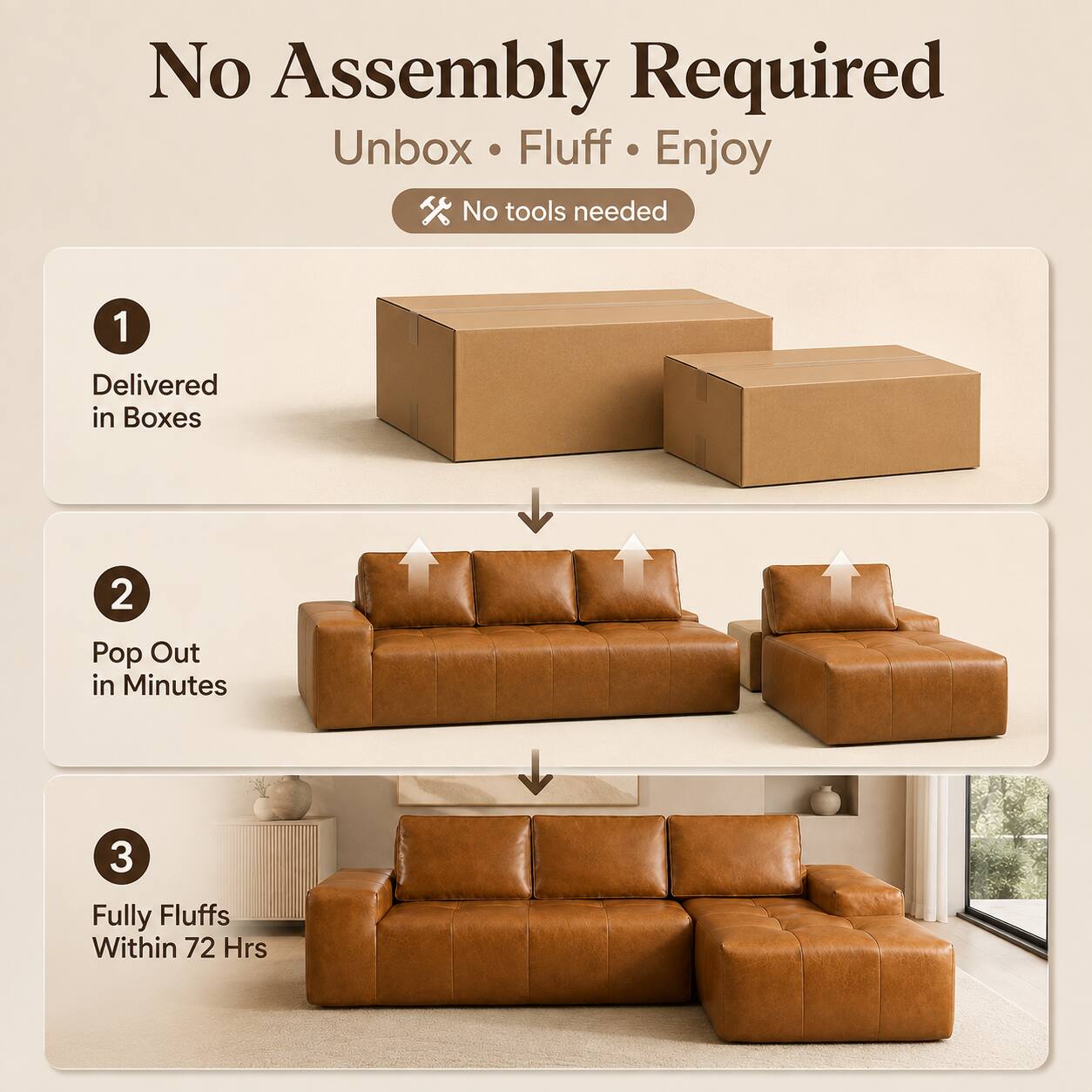 No Assembly Required  
Unbox • Fluff • Enjoy  
No tools needed  

1. Delivered in Boxes  
2. Pop Out in Minutes  
3. Fully Fluffs Within 72 Hrs